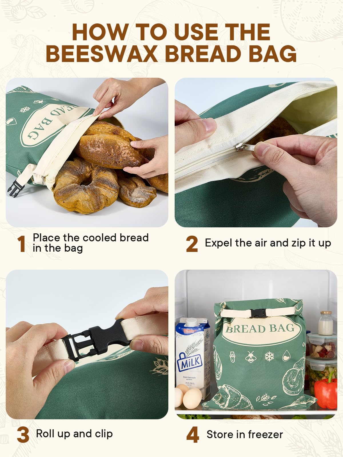 2 Pack Zippered Beeswax Bread Bags 17×13 Inch Large Cotton Sourdough Bread Bags Reusable Bread Storage Bags for Homemade Bread Freezer Safe for Bagel Croissant & Baguette Kitchen Baking Supplies