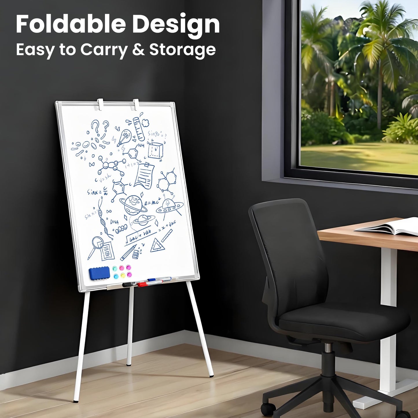 FORTUNO 36x24 Tripod Whiteboard, Magnetic Dry Erase Board with Stand,Height Adjustable Portable Sturdy White Board for Homeschool Office Classroom, White