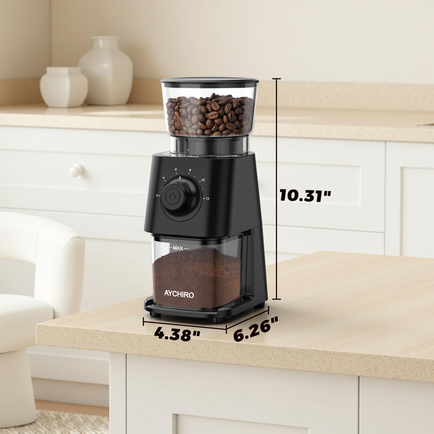 AYCHIRO Coffee Grinder Electric, Coffee Beans Grinder for Home Use with 30 Grind Settings - 12 Cups Capacity for Espresso, Drip & Americano, Black