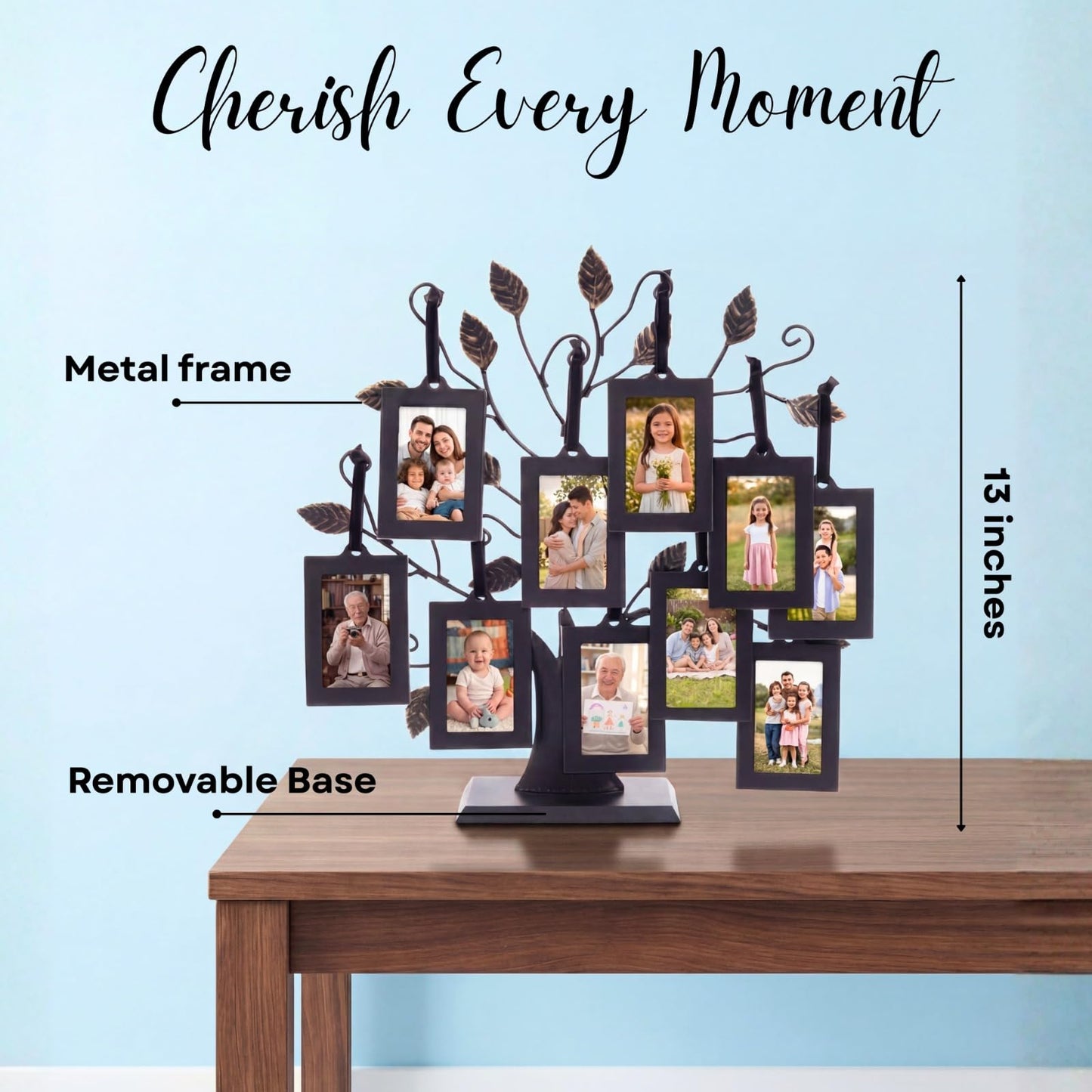 Philip Whitney Family Tree Picture Frame Display - Includes 10 Hanging 2x3 Picture Frames and 13" Polished Metal Tree, Gifts for Mom, Home Décor, Housewarming Gift, Mothers Day Gifts