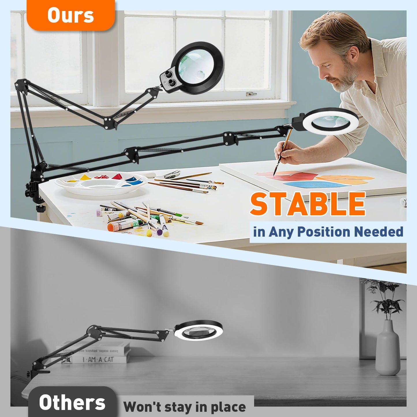 KIRKAS 12X & 30X Magnifying Glass with Light and Stand, Extra-Long Arm Magnifying Lamp Overhead Knob for Workbench, Craft, LED Lighted Magnifier Real Glass Lens Stepless Dimming and Color(35in Clamp)