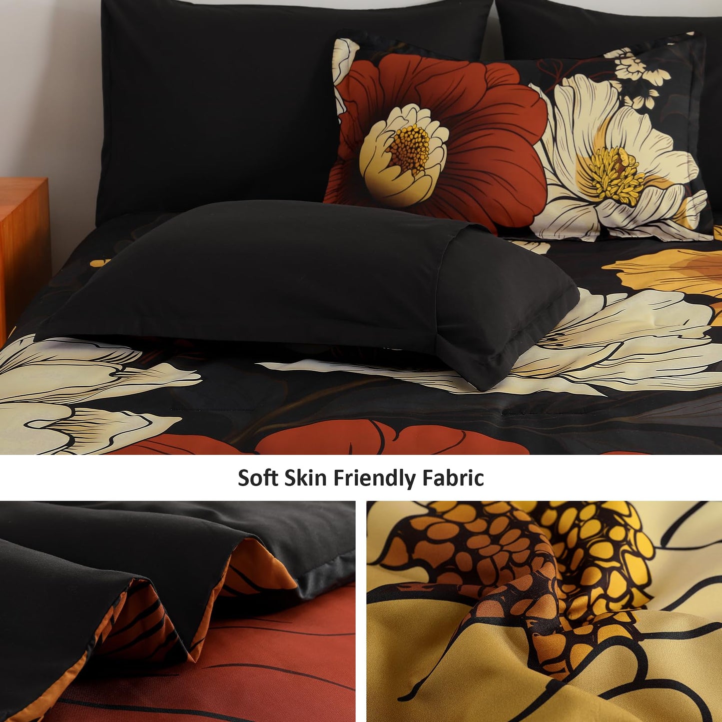 Xruibed Black Floral Comforter Set Queen Size 7 Pieces Bed in a Bag Flower Bedding Sets Lightweight Boho Bed Set with Sheet,Pillowcases&Shams for All Season