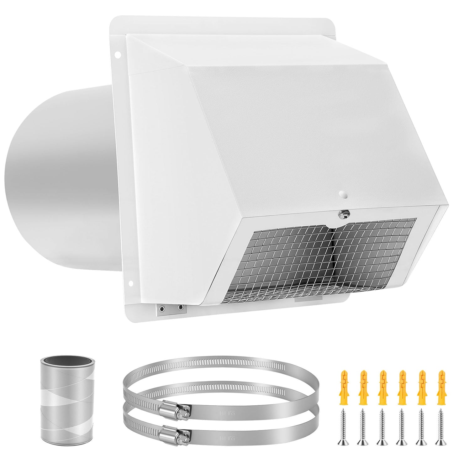 Fuairmee 6 Inch Hooded Wall Vent with Screen and Damper, Outdoor Wall Exhaust Vent Cover for Kitchen Range Air Exhaust Hood Dryer Ventilation Outside No Noise, Galvanized Steel, White