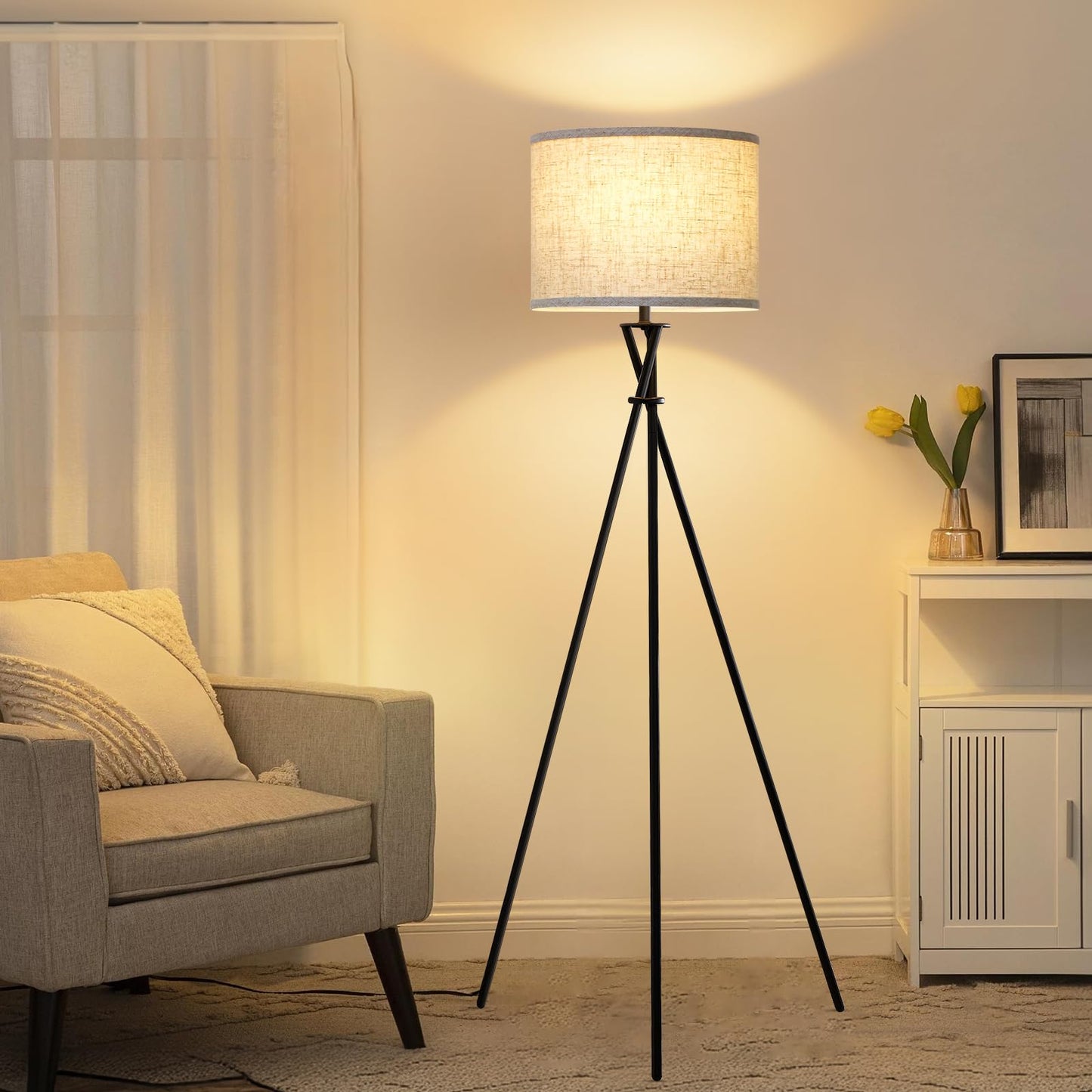 Tripod Floor Lamp Black, 61” Tall Floor Lamps, Standing Lamp with Rotary Switch, Modern Floor Lamp Simple Design with Beige Shade, Floor Lamps for Living Room, Bedroom, Office, Without Bulb