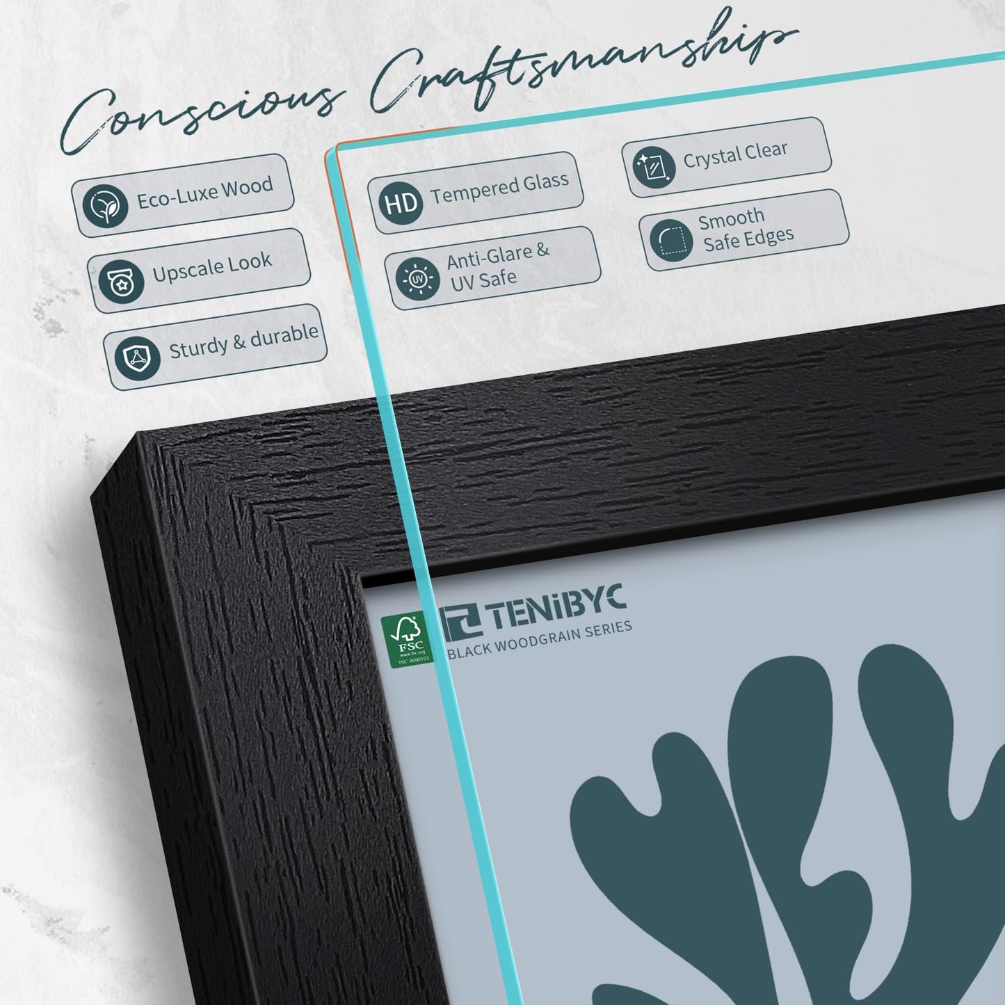 TENIBYC 8x10 Picture Frame Set - 3 Pack, Textured Black Solid Wood, HD Tempered Glass, Gallery Photo Frame, Table or Wall Display