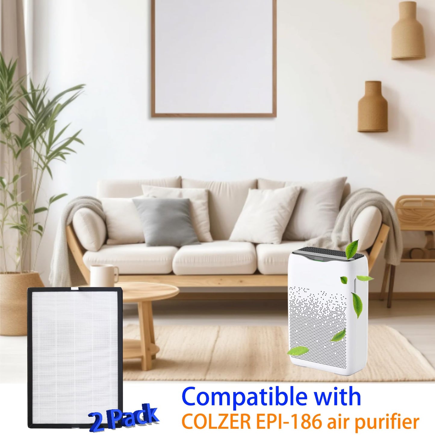 2 Pack EPI-186 Replacement Filter for COLZER EPI-186 Air Purifier, H13 Ture HEPA with High Efficiency Activated Carbon and Pre-filter
