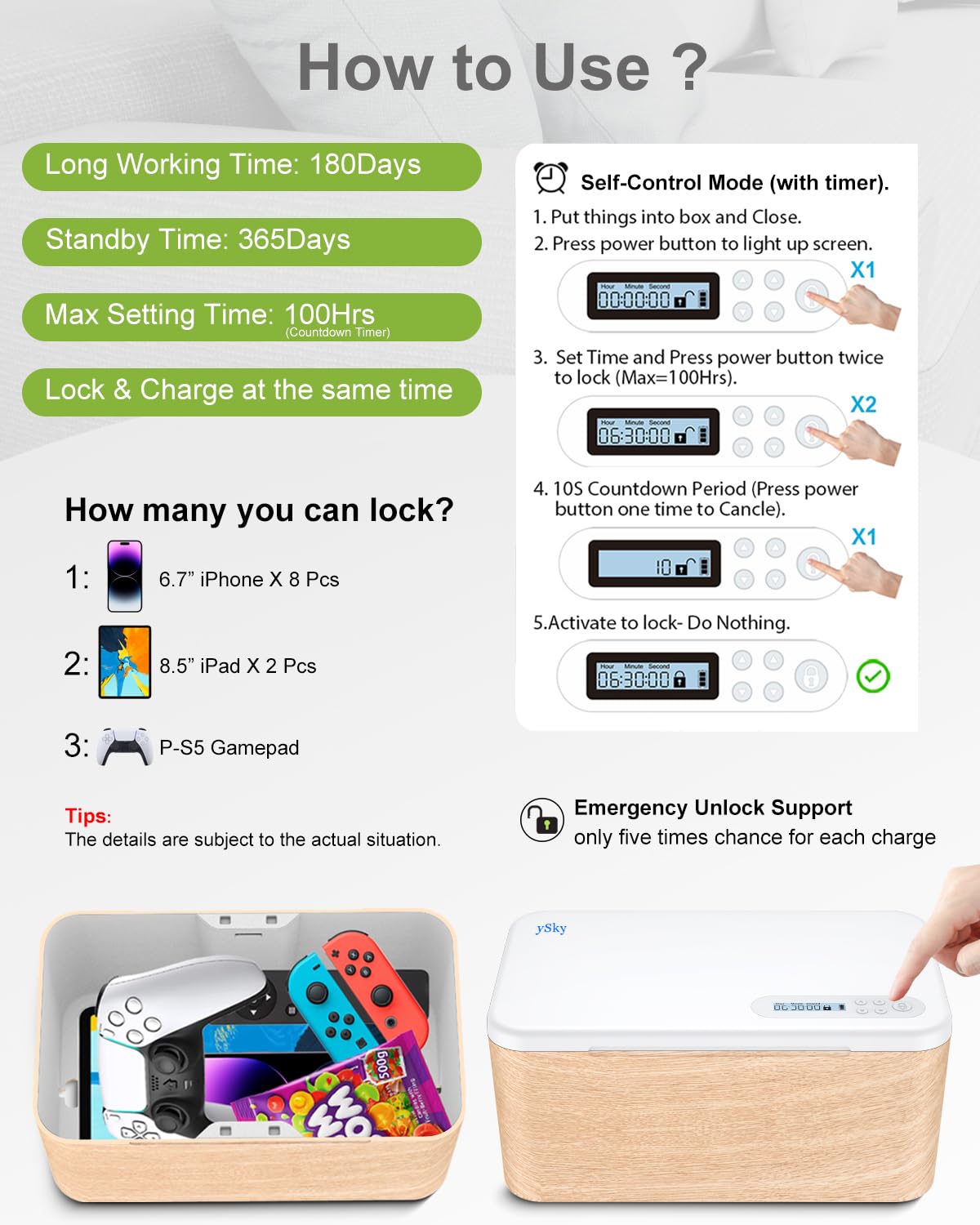 ySky Phone Lock Box with Timer,Safe Timed Lock Box Unplug from Phones,Video Games,Social Media,Snacks&Cravings,SelfControl Lock Storage Box for 8.5 inch iPad, cellphone Locker Time Lock Box(woodgrain)