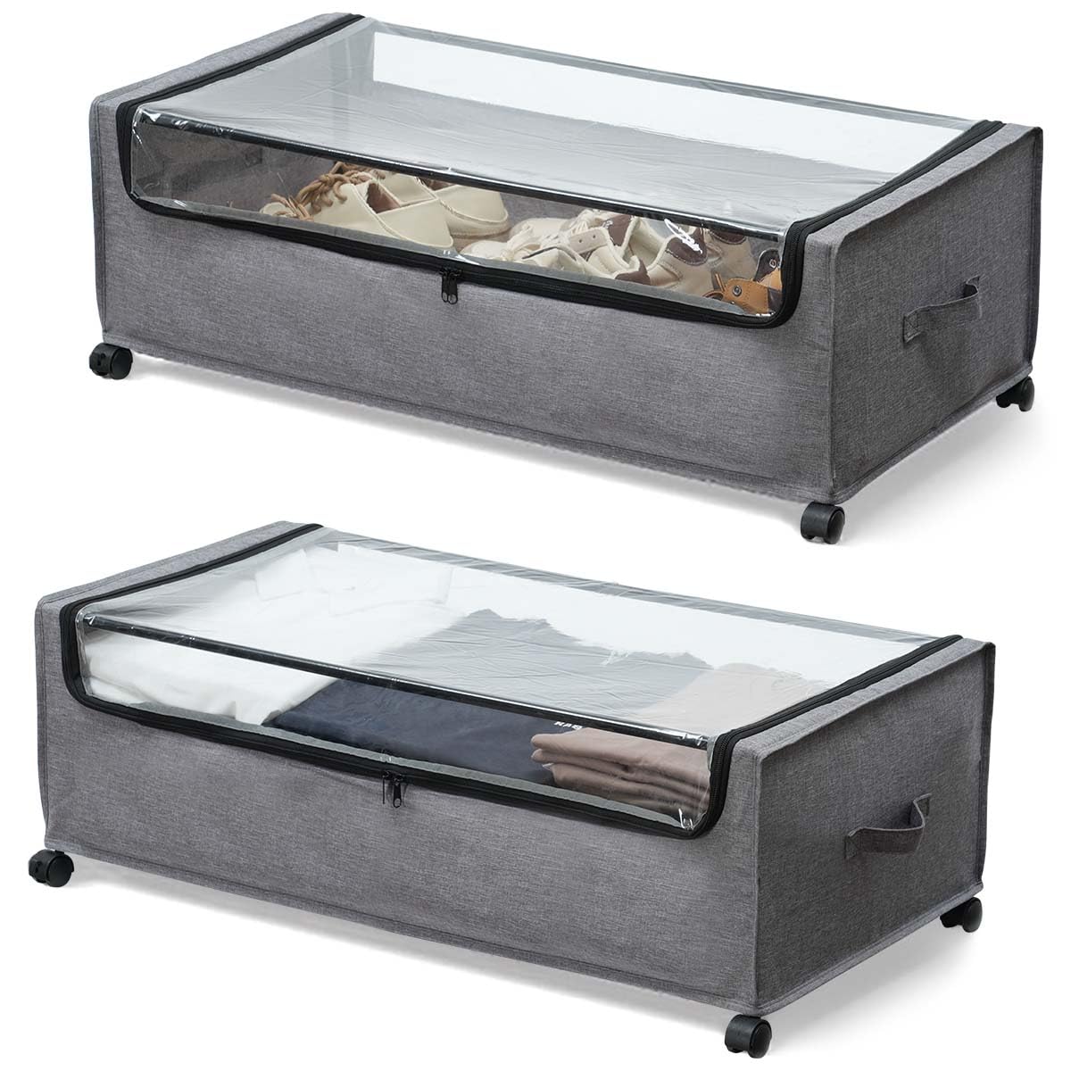FOUCSSOMEI Under Bed Storage with Wheels, Rolling Under bed Storage with Metal Frame, Under Bed Shoe Storage for Space Saving, Zippered Clear Lid, Heavy-Duty Steel Base for Clothes