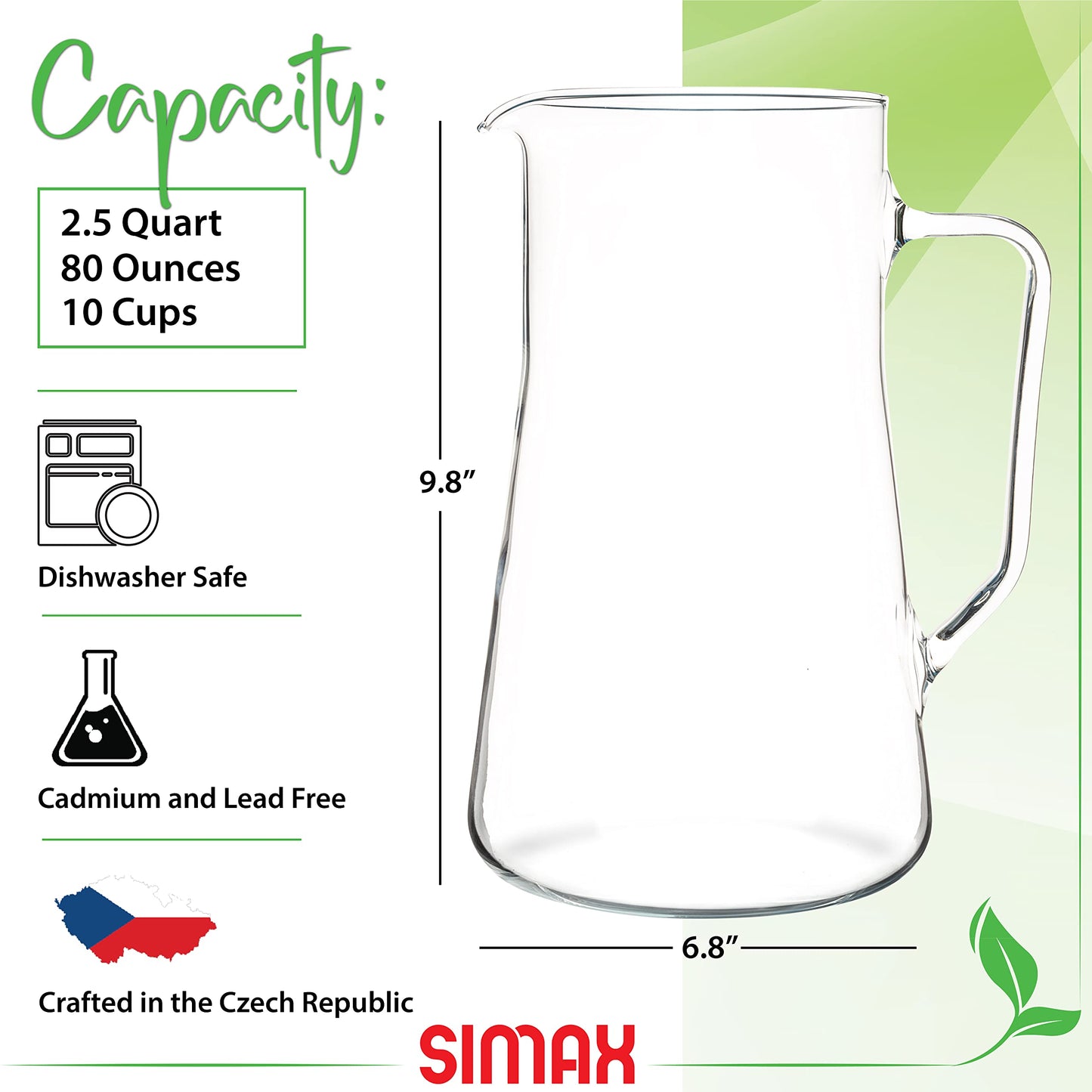 Simax Large Glass Pitcher With Spout, 2.5 Quart (80 Ounce) Borosilicate Glass Iced Tea Pitchers with Handle, Angled Cylinder Design, Glass Water Pitcher