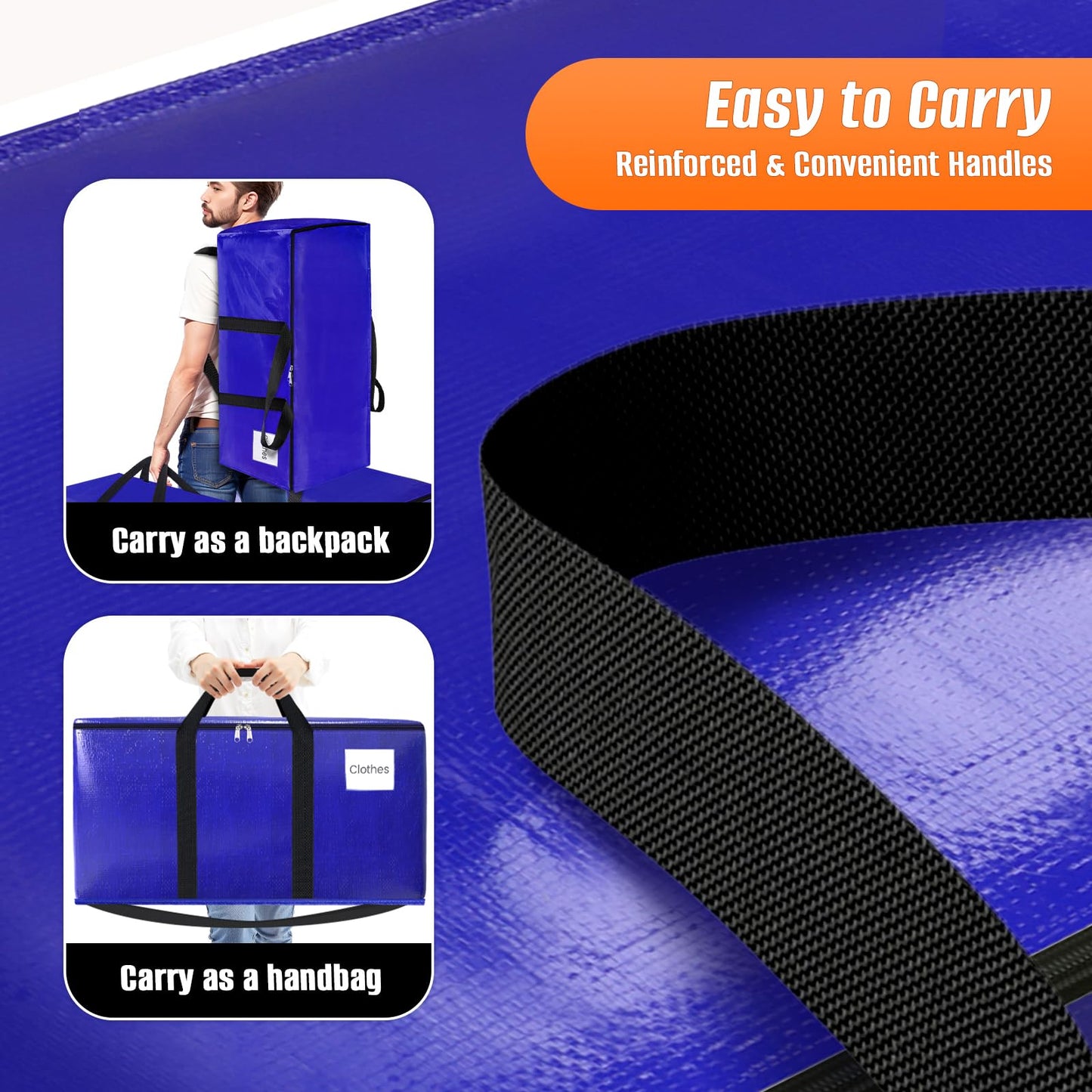 FabSpace 8-Pack Moving Bags with Backpack Straps & Carry Handles, 25 Gallons-93 L Heavy Duty Storage Totes for Space Saving, Foldable Storage Bags for College Dorm, Travel, Camping (Blue)