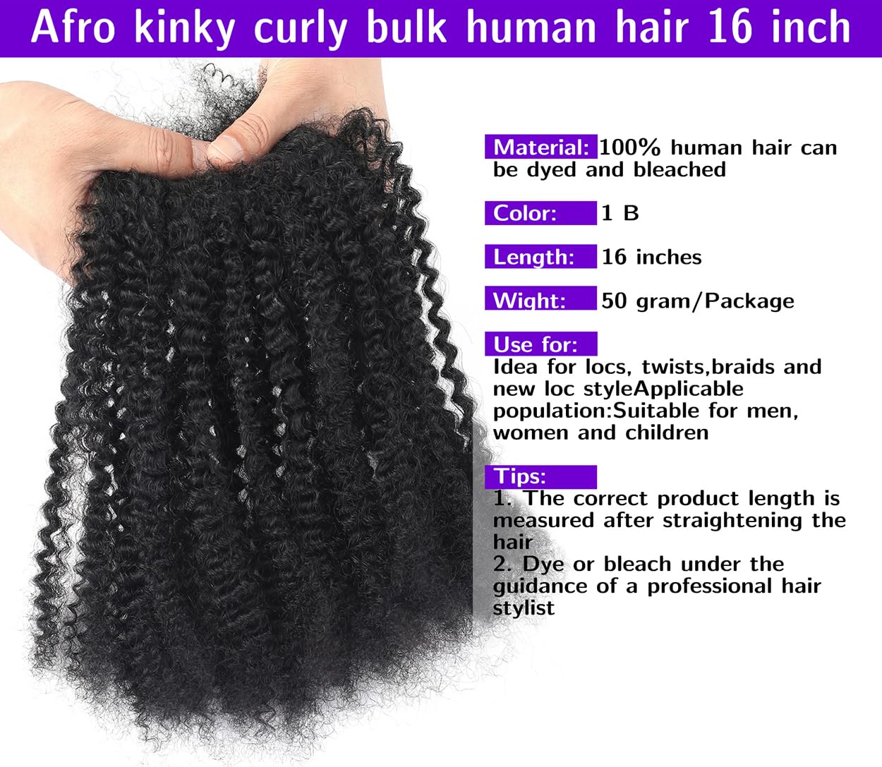 16 Inch Afro Kinky Curly Human Hair Bulk for Permanent Micro Locs/Twists/Braids/Repair Locs Afro Kinky Curly Bulk Human Hair Nature Black Color (1B, 16inch-50g/pack)