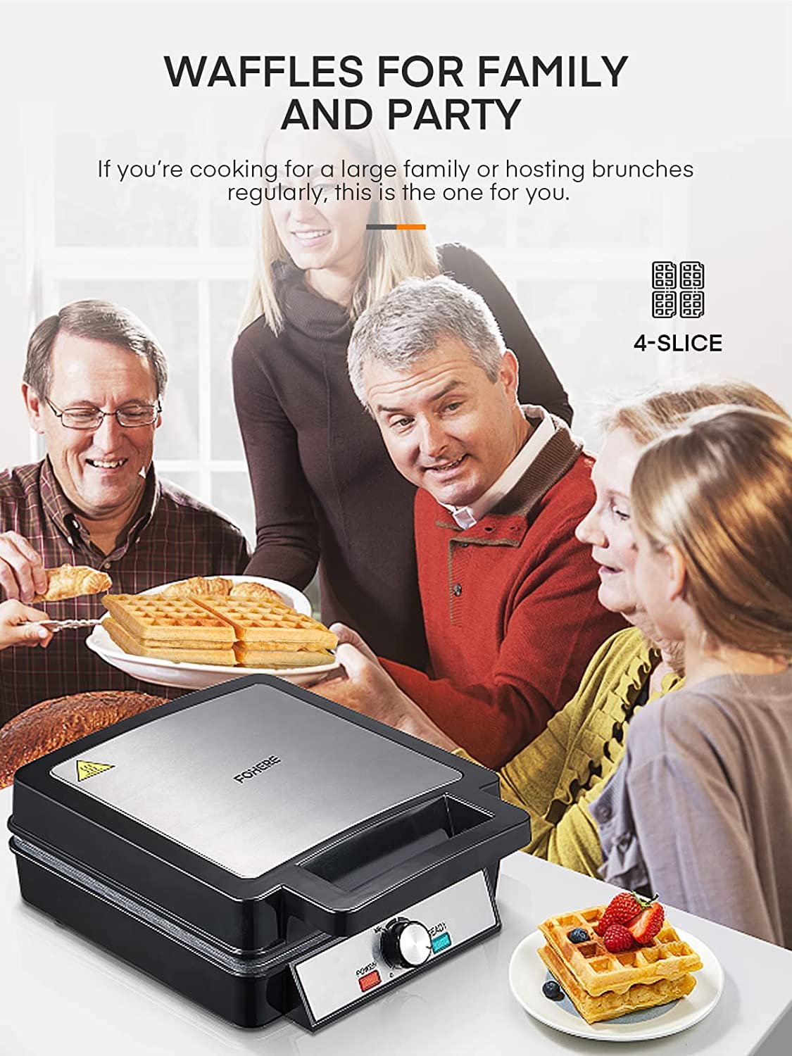 1200W Belgian Waffle Maker 4-Slice, Stainless Steel, 5 Browning Levels, Non-Stick Surfaces, Silver/Black, FOHERE - Perfect for Family Breakfasts (Black)