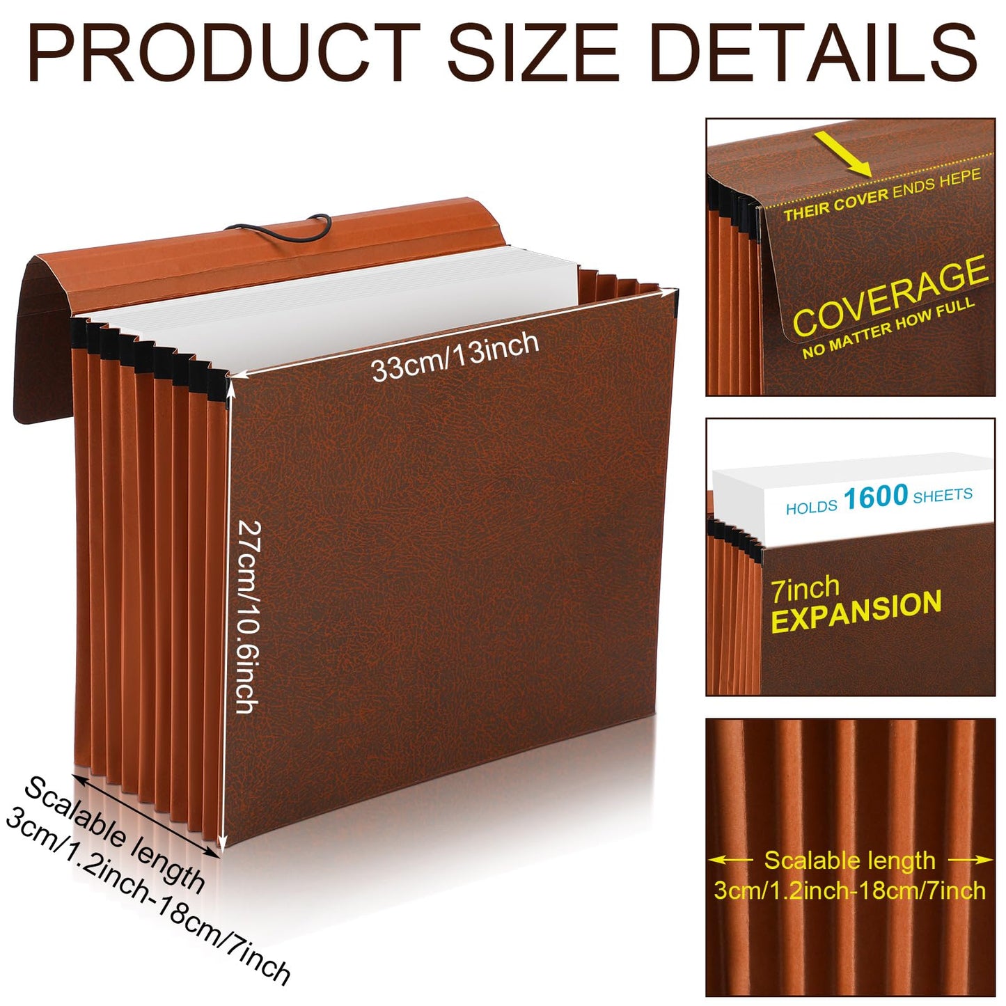 PerKoop 5 Pcs Expanding File Folder with Flap 7 Inch Expansion Expanding File Wallet with Elastic Cord Closure Letter Size Heavy Duty Document Organizer, 10 Slots, Brown