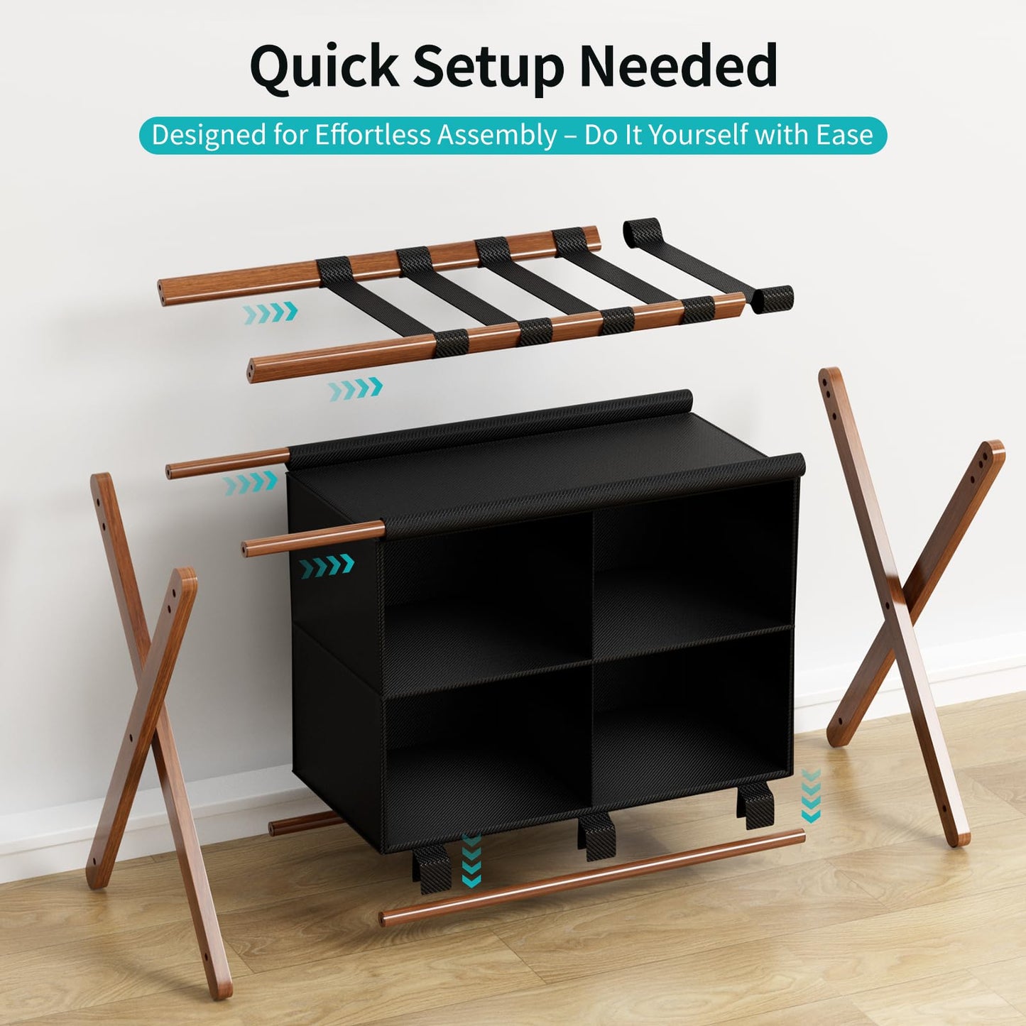 MHACVVO Bamboo Luggage Rack with 4 Storage Compartments, Foldable Suitcase Stand for Guest Room, 150lbs Capacity, Sturdy, Space-Saving and Easy to Assemble Organizer