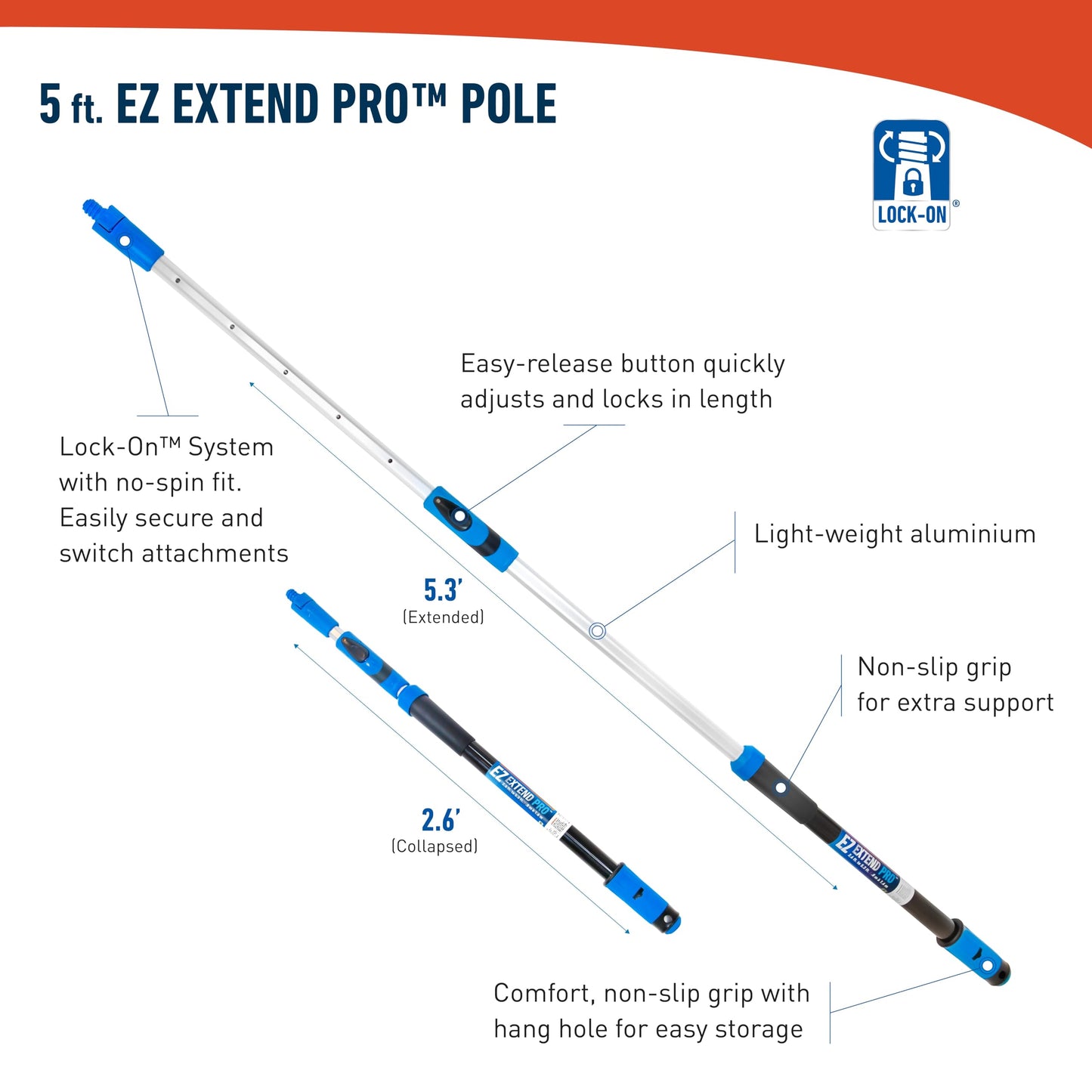 Unger Professional Lock-On EZ Extend Pro Telescopic Pole, Extension 2.6’ to 5.3’, Telescoping Pole for Floor & Surface Cleaning, Use with Lock-On Brushes and Broom Head Cleaning Tools, Indoor/Outdoor