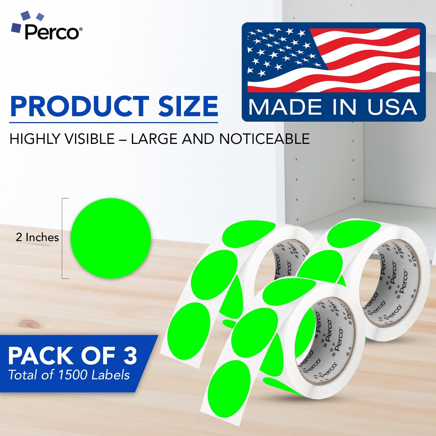 Perco Fluorescent Green Perforated Round Circle Dot Sticker 2-Inch Labels — 3 Rolls, 1,500 Stickers - in Stock, Ready & Promo Labels, High Visibility, Strong Adhesive—Made in USA