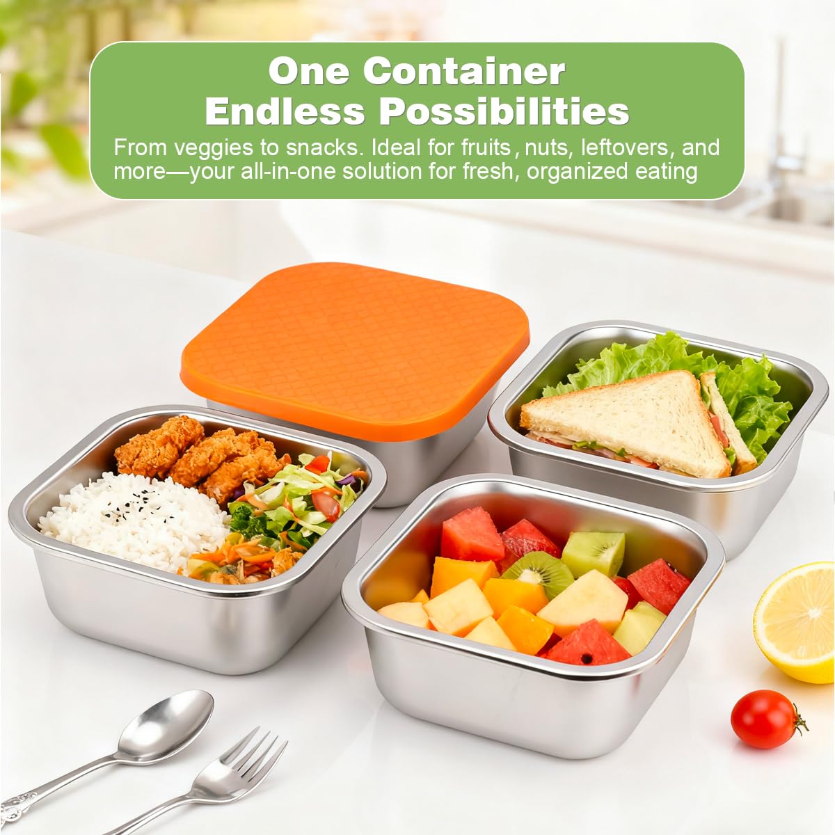 JUSTASHOW 4 Pack Sandwich Containers: 30oz Stainless Steel Lunch Box with Silicone Lids, Meal Prep Container Reusable Metal Sandwiches Food Storage for Kitchen & Office Salad Snacks Fruits