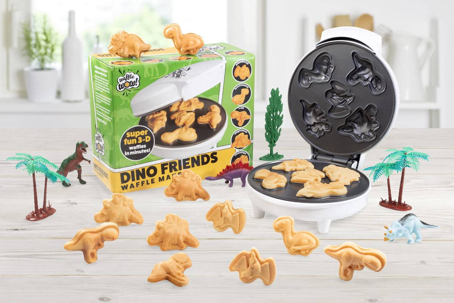 Dinosaur Mini Waffle Maker- Fathers Day Fun, 5 Different Double Sided 3D Shaped Dinos in Minutes- Kid Adult Breakfast w Novelty Pancakes, Electric Baker, Non-Stick Waffler Iron w Recipes, Gift for Him