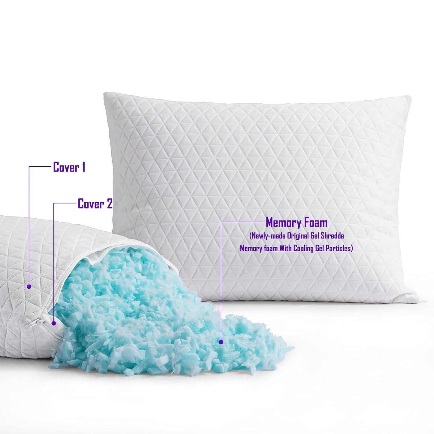 KEYOOHOME Shredded Memory Foam Pillows for Sleeping,Bed Pillows Queen Size Set of 2 Pack Cooling Adjustable,Good for Side and Back Sleeper with Washable Removable Cover