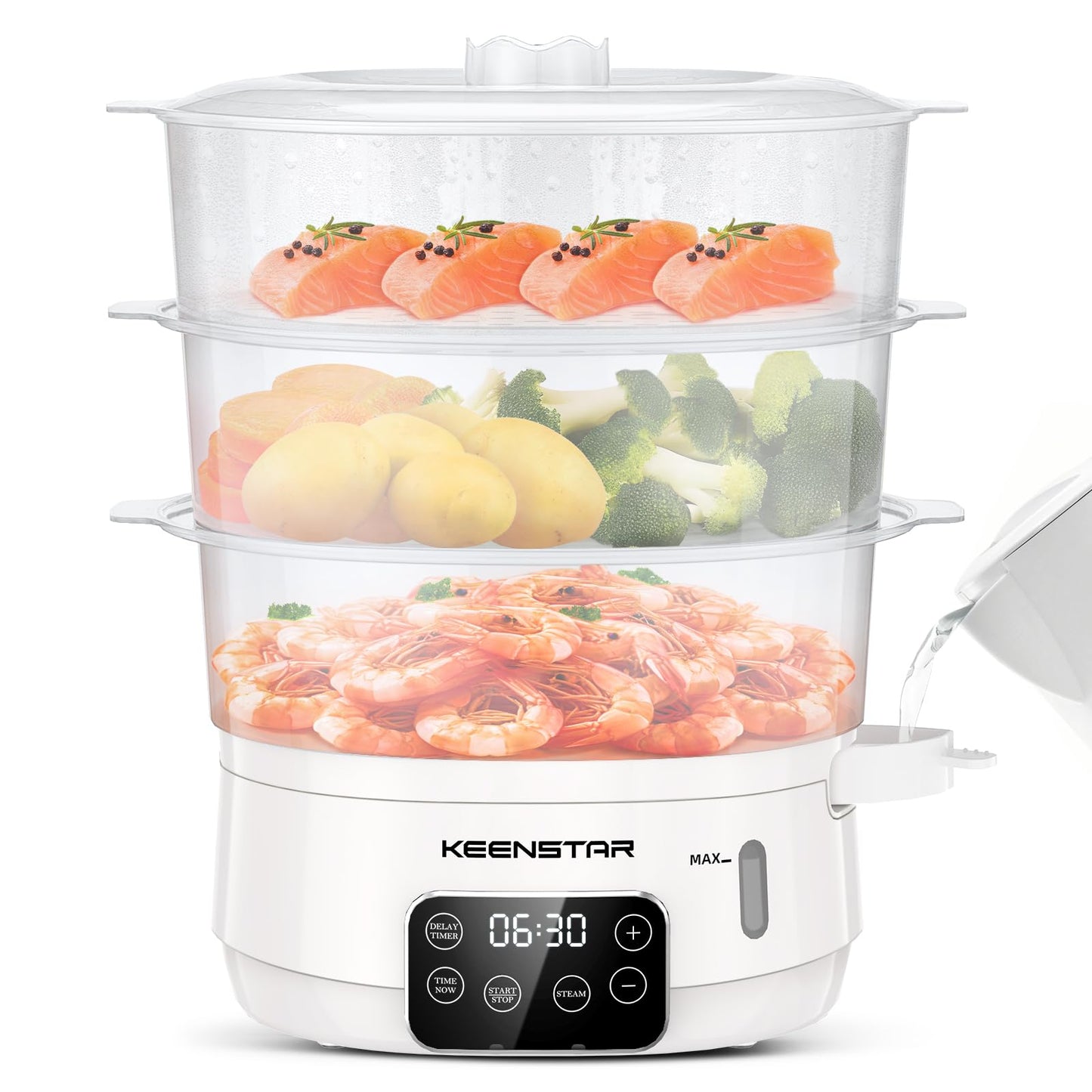 Electric Food Steamer, 13.7QT Vegetable Steamer with Stackable 3 Tiers BPA-Free Baskets, Digital Steamer with Appointment and Timer, 800W Simultaneous Cooking, Ideal for Veggies Seafood Rice White