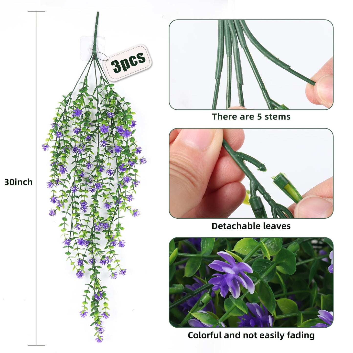 RECUTMS Vine Plant Fake Ferns Plants Large Faux Artificial Hanging Plants Wall Plants Artificial Hanging Plants Outdoors Fake Hanging Plant Greenery Vine for Outdoor Plants Decor 3 Pcs(Purple)
