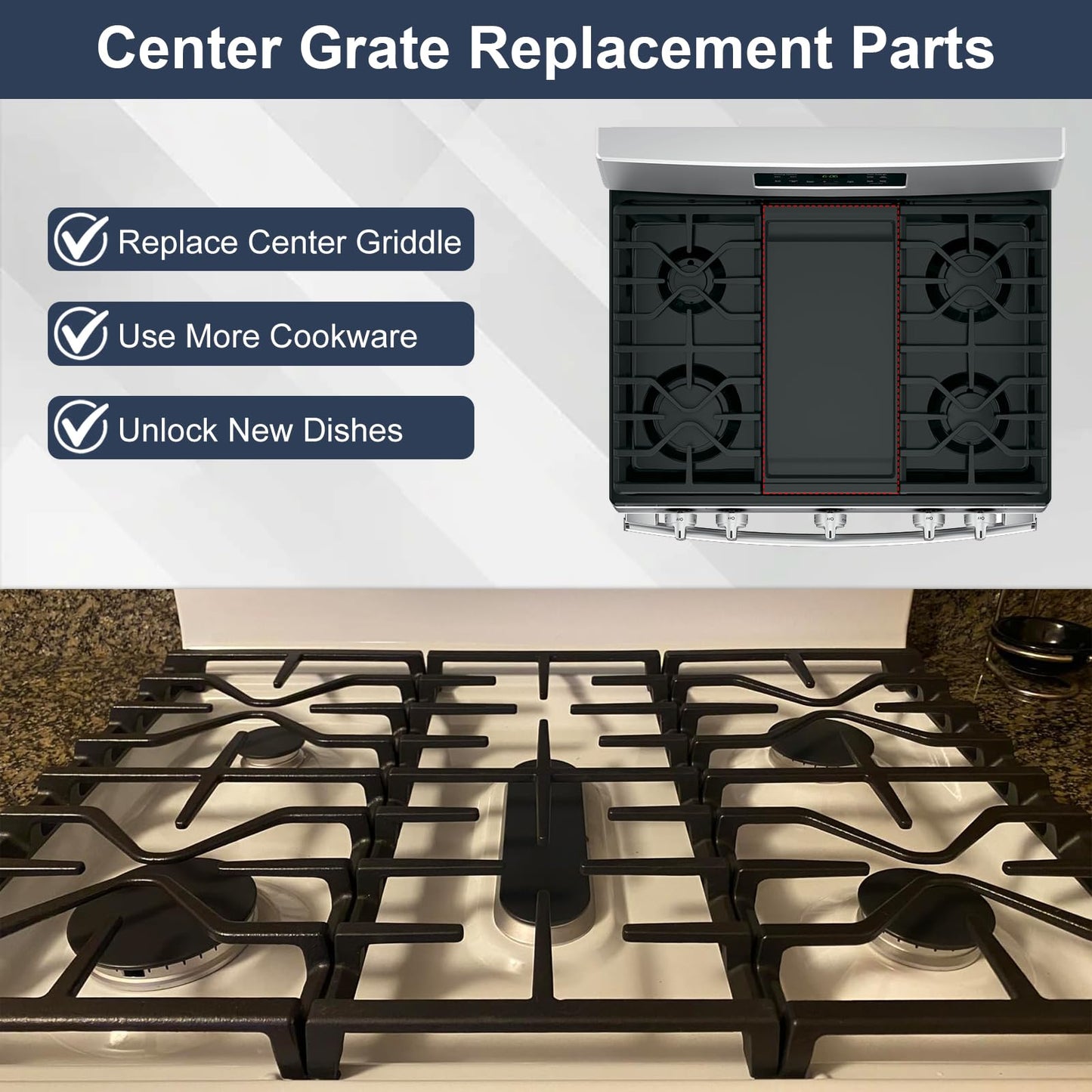 Criditpid WB31X27150 Center Grate Replacement Parts for GE Stoves, WB31X24737 General Electric Gas Range Burner Grate Replaces for JGBS66REKSS JGSS66SEL3SS JGB700SEJ4SS Center Griddle.