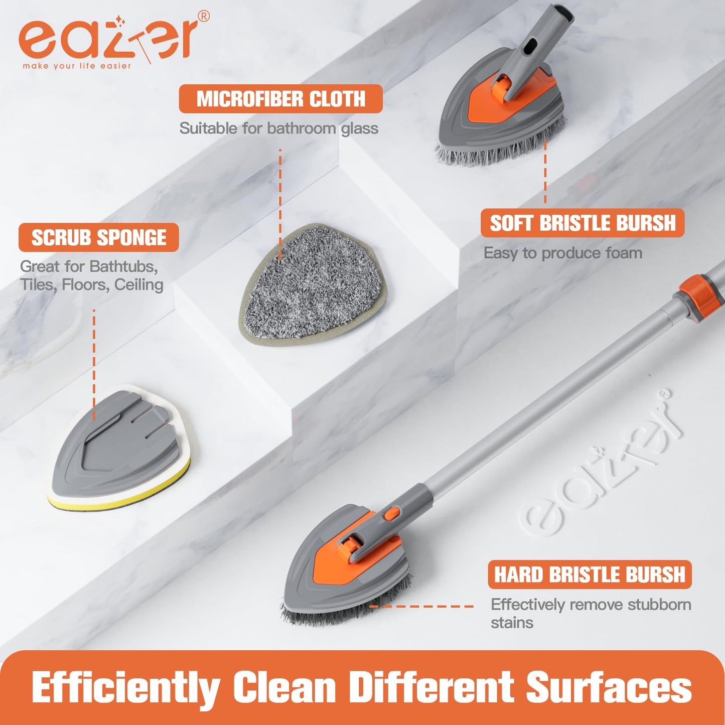 Eazer 4-in-1 Long-Handled Tub Scrubber-Versatile Bathroom Cleaning Brush with Shower Scrubber-Ideal Shower Cleaner Brush for Efficient Cleaning-Long Handle Scrub Brush for Shower, Tub, and Bathroom