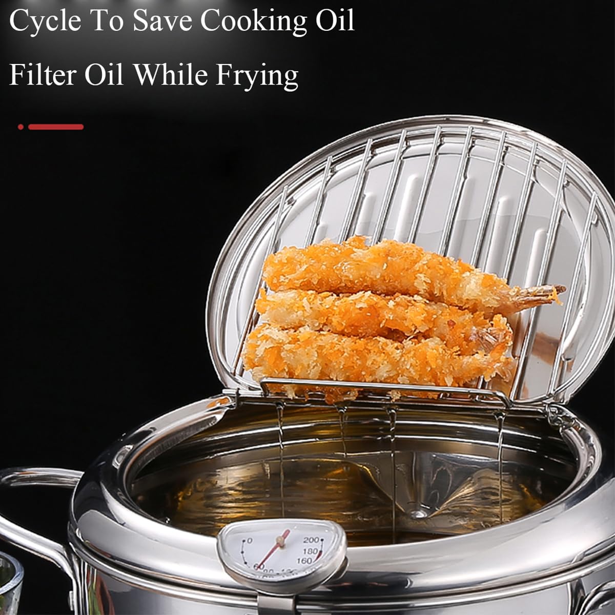 Deep Fryer Pot 304 Stainless Steel Japanese Frying Pot 2.2L, Janpanese Style Tempura Frying Pot with Lid, with Temperature Control Oil Drip Drainer Rack, or Fried Chicken, Shrimp, French, Chips dip