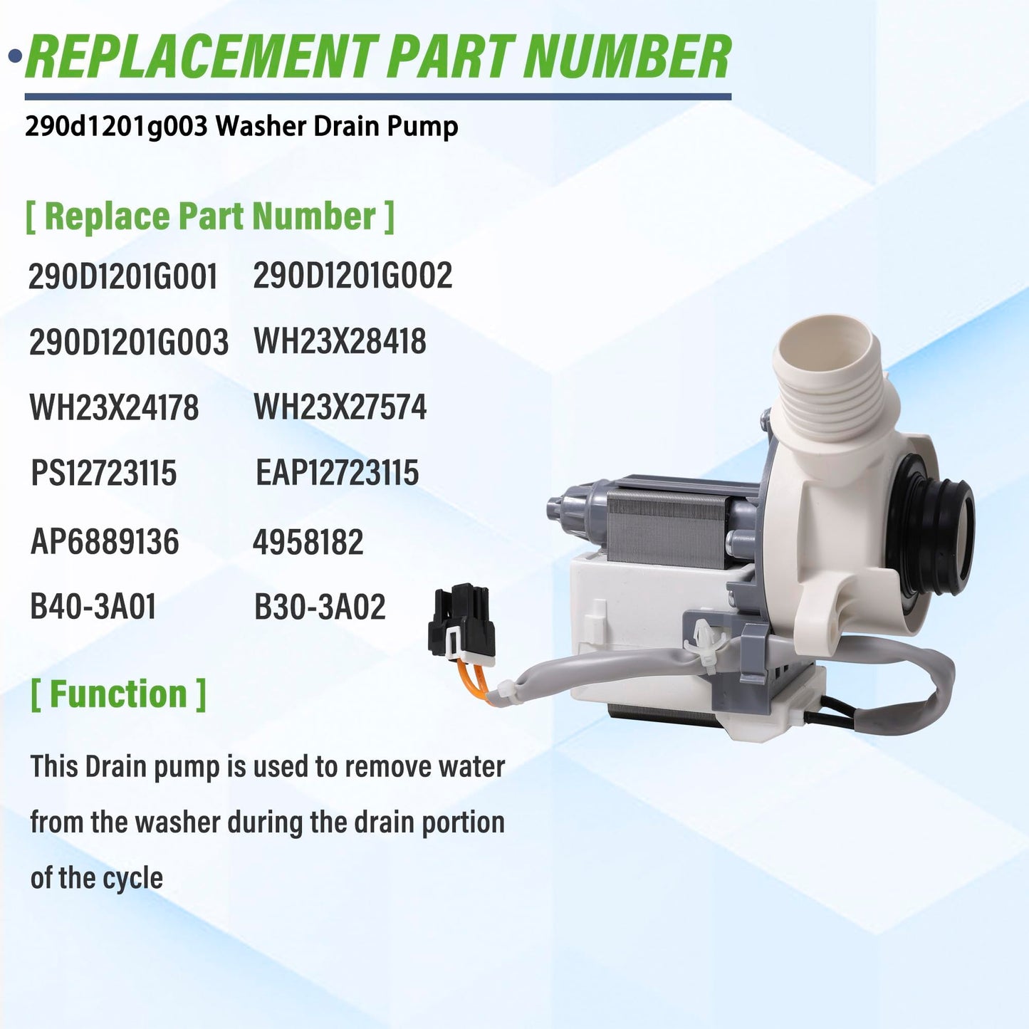 290d1201g002 B40-3A02 290d1201g003 290d1201g001 wh23x28418 Washer Drain Pump Motor Assembly fit for G.E Hot-point Replaces B30-3A01 WH23X24178 WH23X27574 4958182 AP6889136 PS12723115