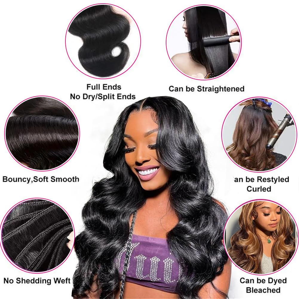 12A Body Wave Bundles Human Hair 16 18 20 Inch Human Hair Bundles 100% Unprocessed Brazilian Virgin Hair 3 Bundles weave for Black Women Natural Color