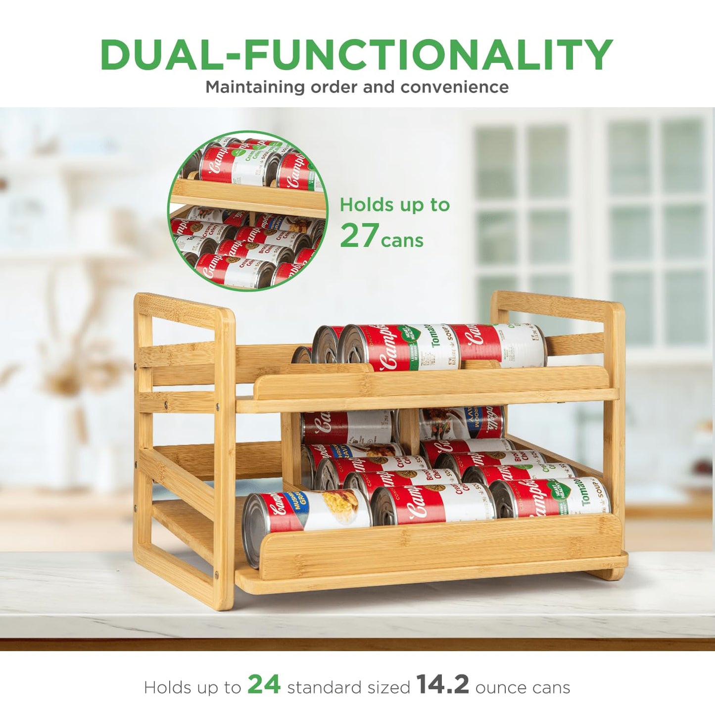 Aclema Bamboo Rolling Can Organizer for Pantry, Stackable 2 Tier Canned Food Organizer Rack for Storage, Kitchen Cabinet, Can Holders Dispensers for Pantry Up To 27 Cans