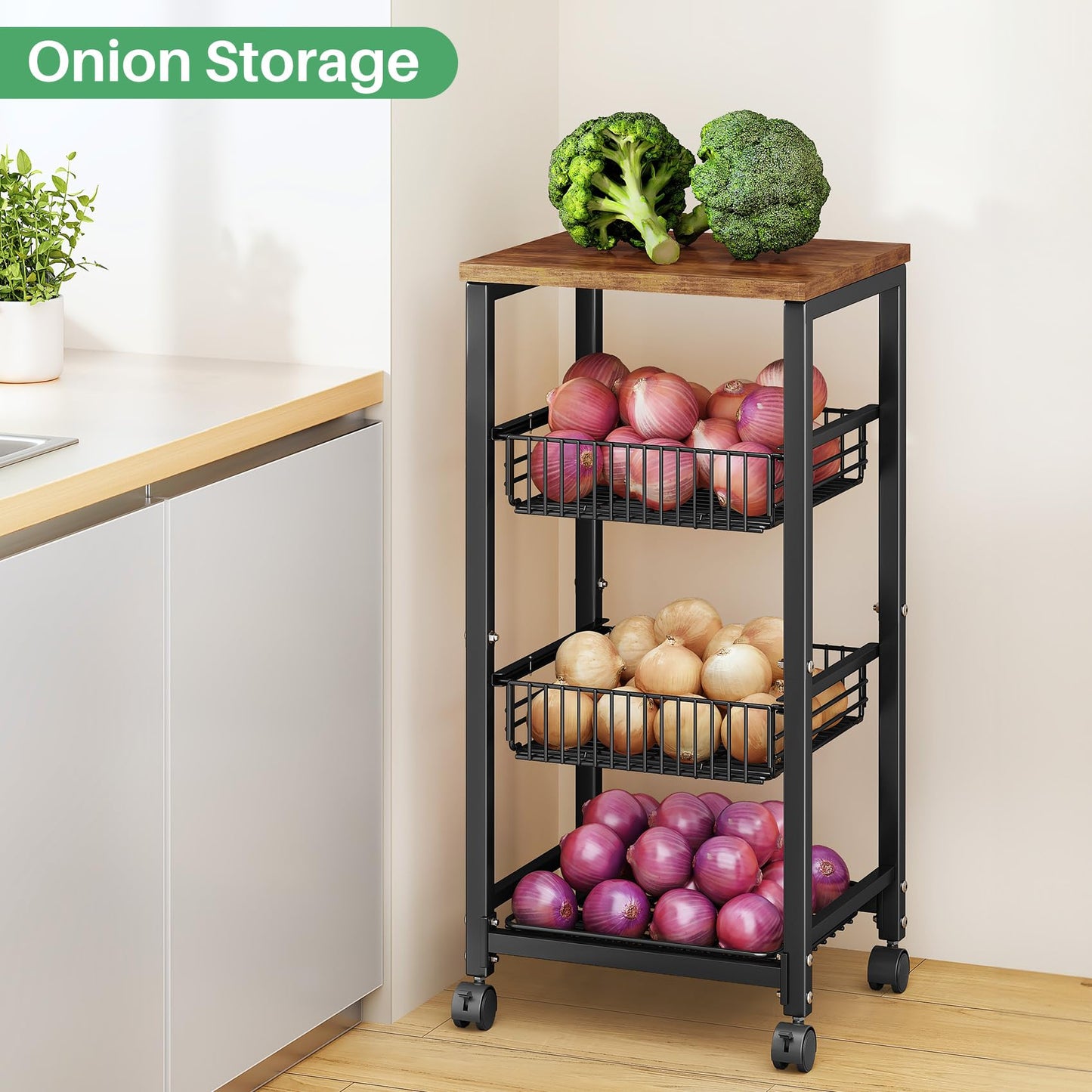 SNTD Fruit Basket Vegetable Stand for Kitchen Pantry, Pull Out Metal Wire Basket with Wood Top for Fruit Vegetable Onions Potatoes Snacks