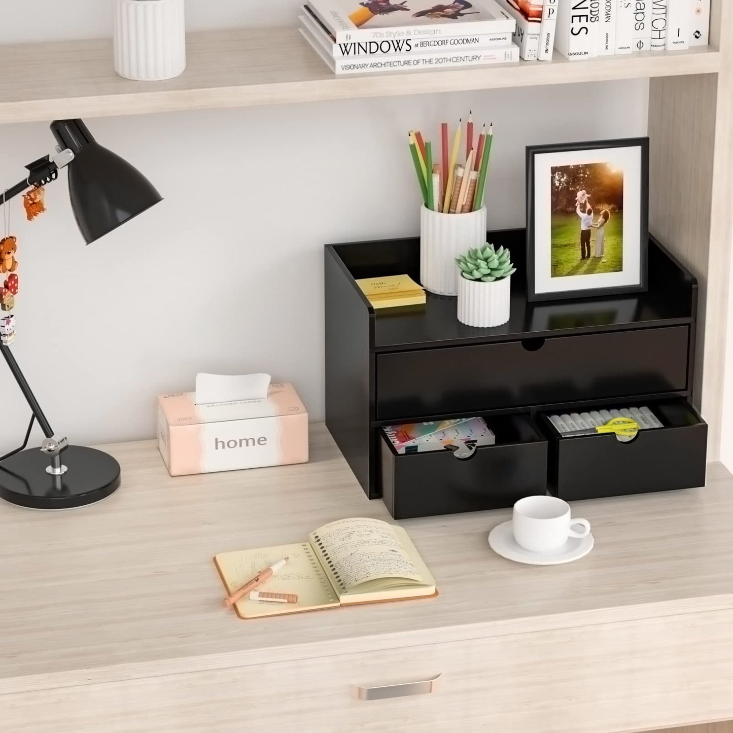 Wisuce Bamboo Desk Organizer - Mini Bamboo Desk Drawer Tabletop Cosmetic Storage Organization for Office or Home Black with Shelf