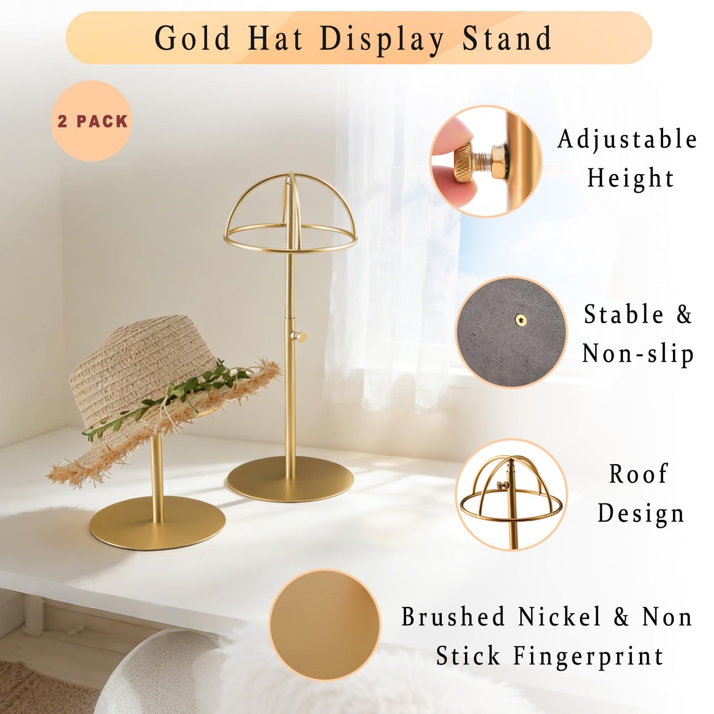 MCKECHSION Hat Display Stand 2PCS Stainless Steel Brushed Nickel Titanium Hat Stand Metal Golden Adjustable Height Cap Rack Showcase Fingerprint Resistant for Home Boutique Retail Store