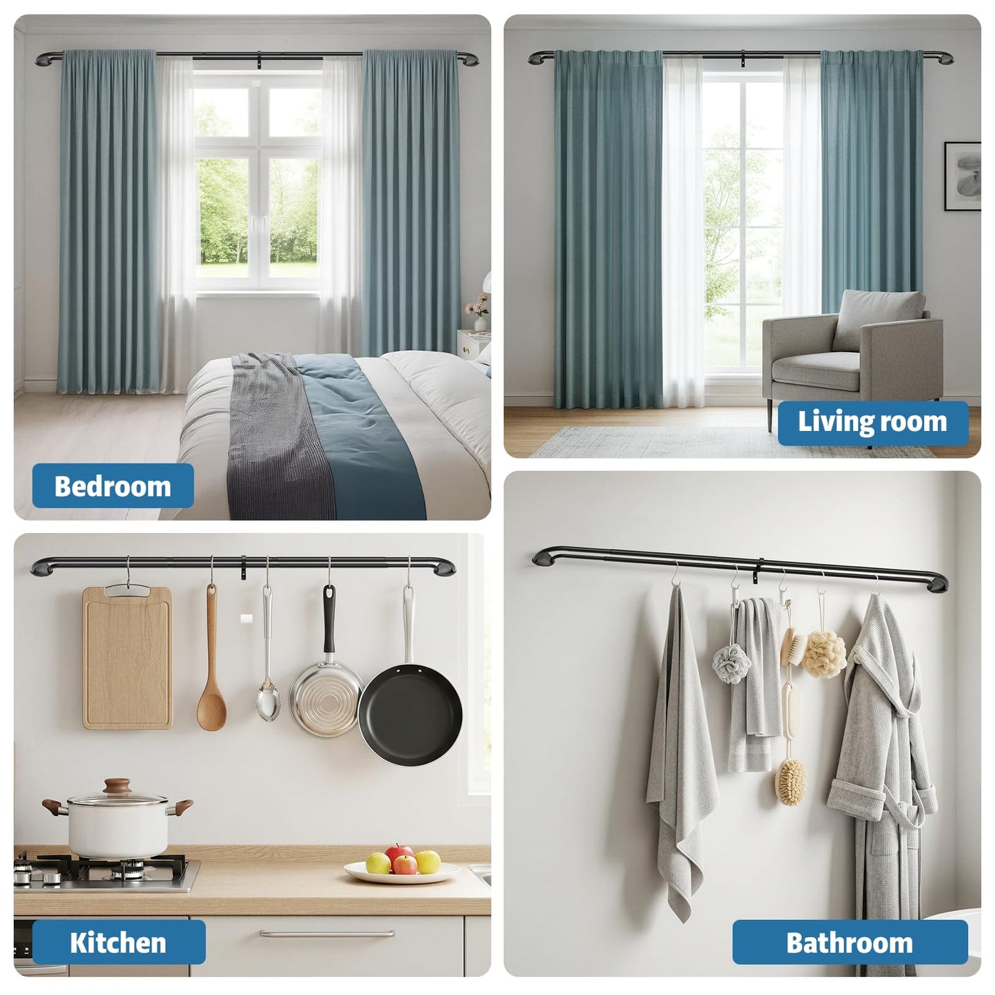 PeSenp Black Double Curtain Rod 38 to 62 Inches, Blackout Wrap Around Curtain Rod for Windows, 6/8 Inch Room Darkening Telescoping Double Drapery Rod, Easy Install for Rentals & Apartments