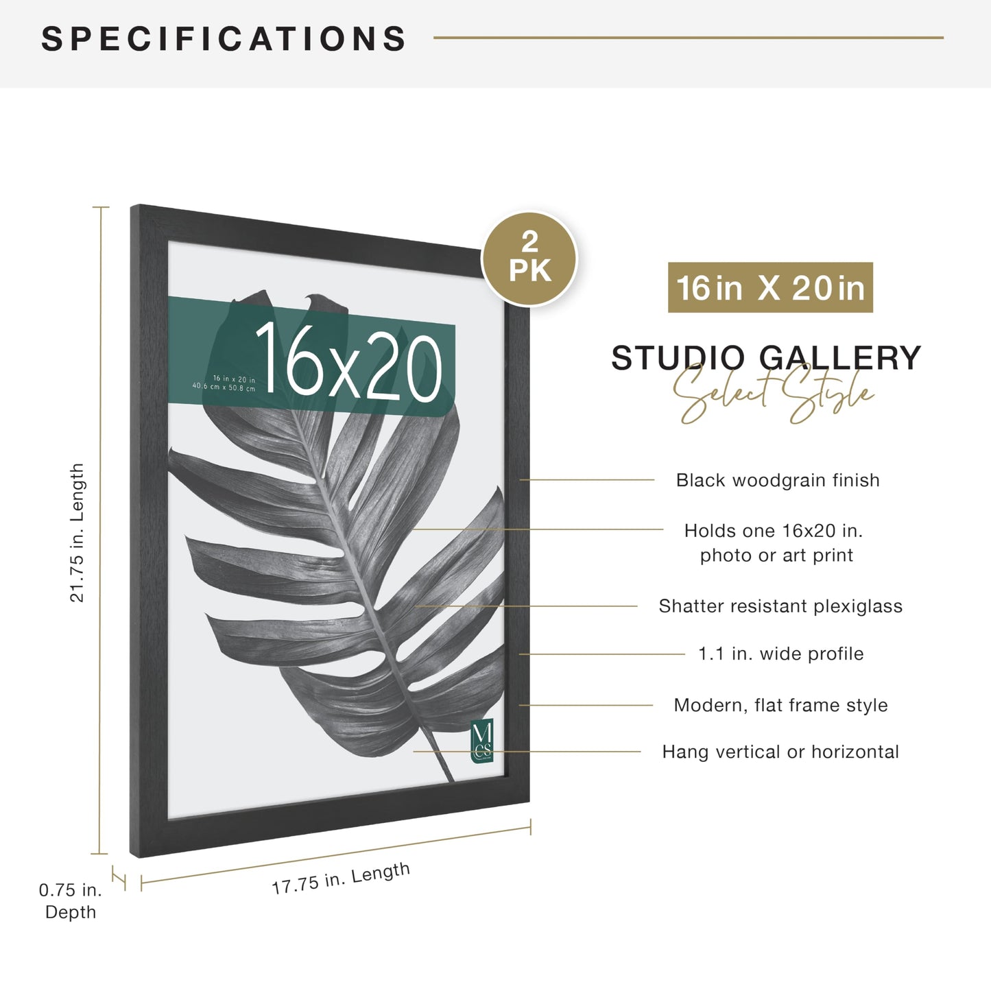 MCS Studio Gallery 16x20 Poster Frame Black Woodgrain Engineered Wood, Vertical & Horizontal Wall Hanging Large Picture Frame for Photos, Posters & Art Prints (2-Pack)