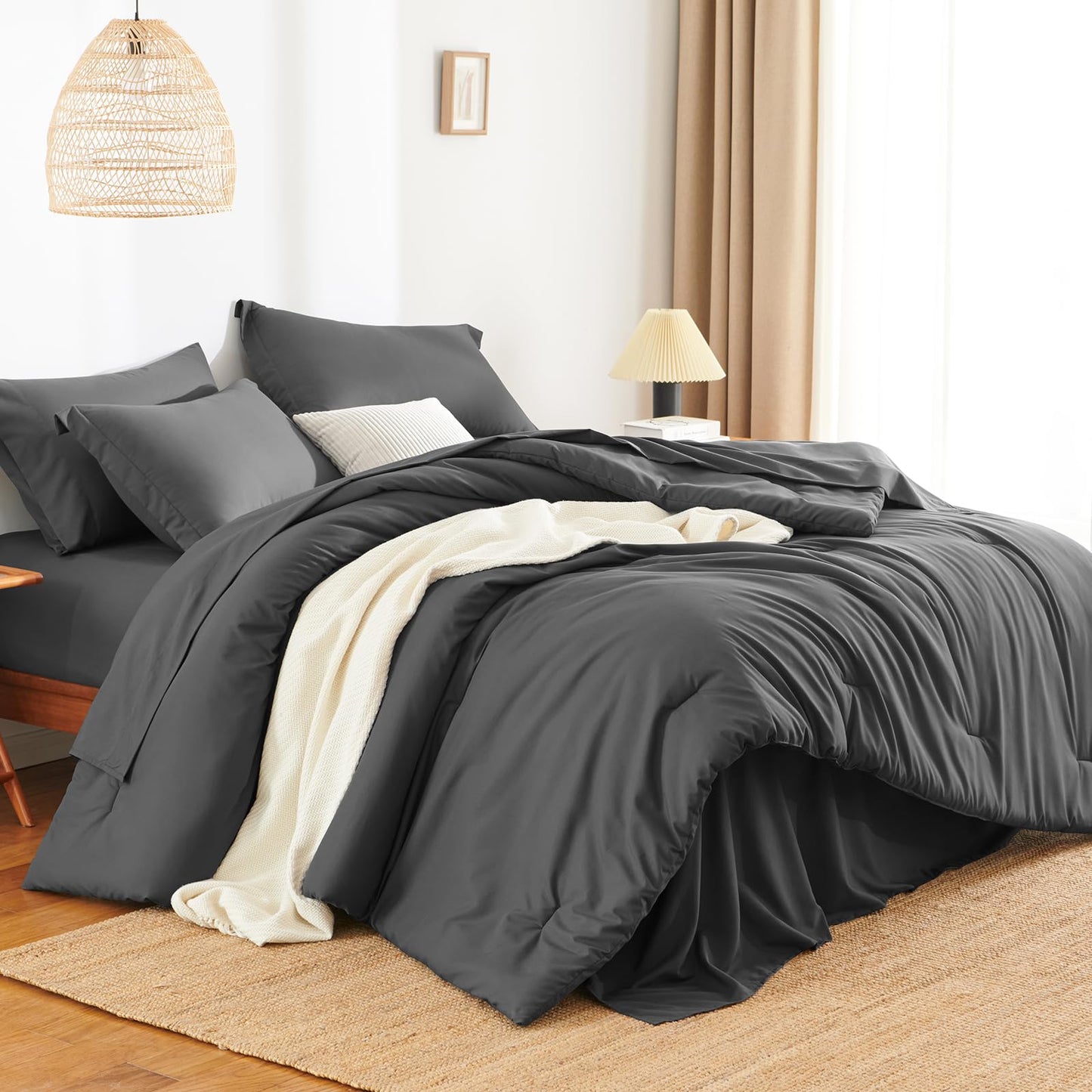 HIMEET Full Size Comforter Sets - 7 Pieces Bed in a Bag Full, Luxury Comforter Set with Sheets for All Season, Bed Set with Comforter, Flat Sheet, Fitted Sheet, Pillowcases & Shams, Dark Grey