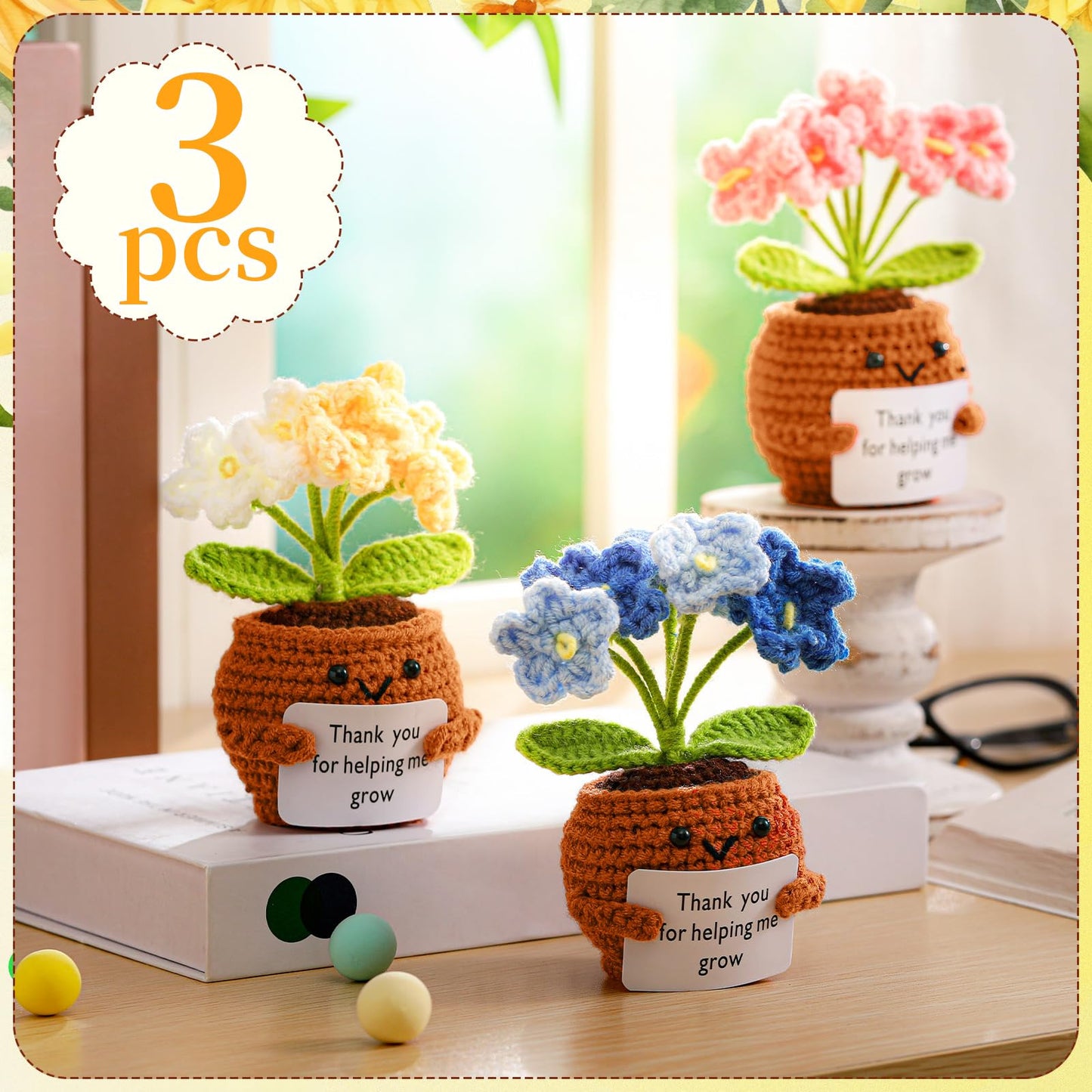 Wavwavw 3 Pack Teacher Appreciation Gift Positive Flower Handmade Crochet Doll Thank You for Helping Me Grow Gifts Back to School Gifts for Women Teacher(Forget Me Not)