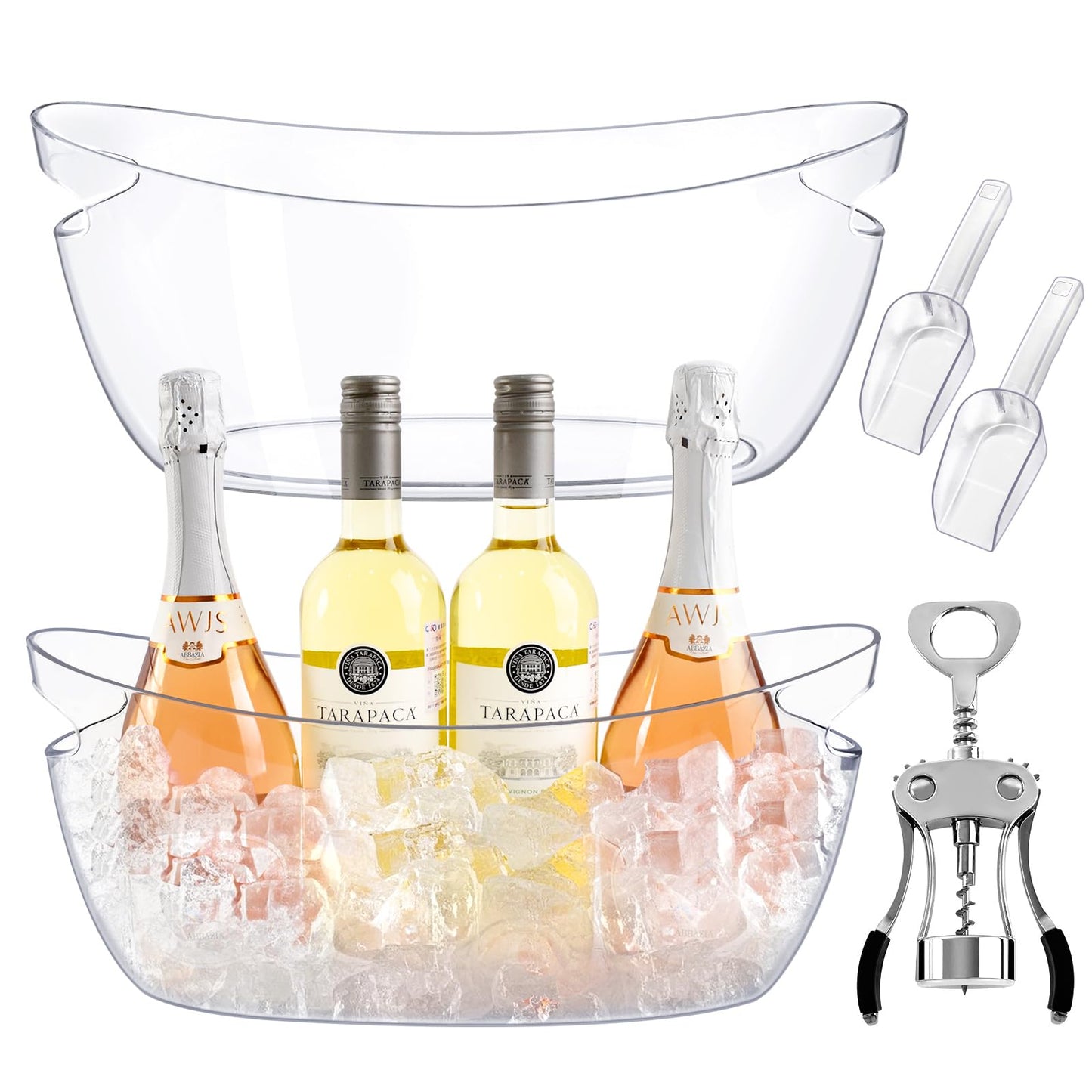 Ice Buckets for Parties 2 Packs,Ice Bucket with Scoops&Metal Wine Bottle Opener,Clear Acrylic Ice Champagne Buckets Tub for Parties,Mimosa Bar Supplies,Beer,Beverage&Drinks 5.5L (16.53 x 7.3 x 6.8in)