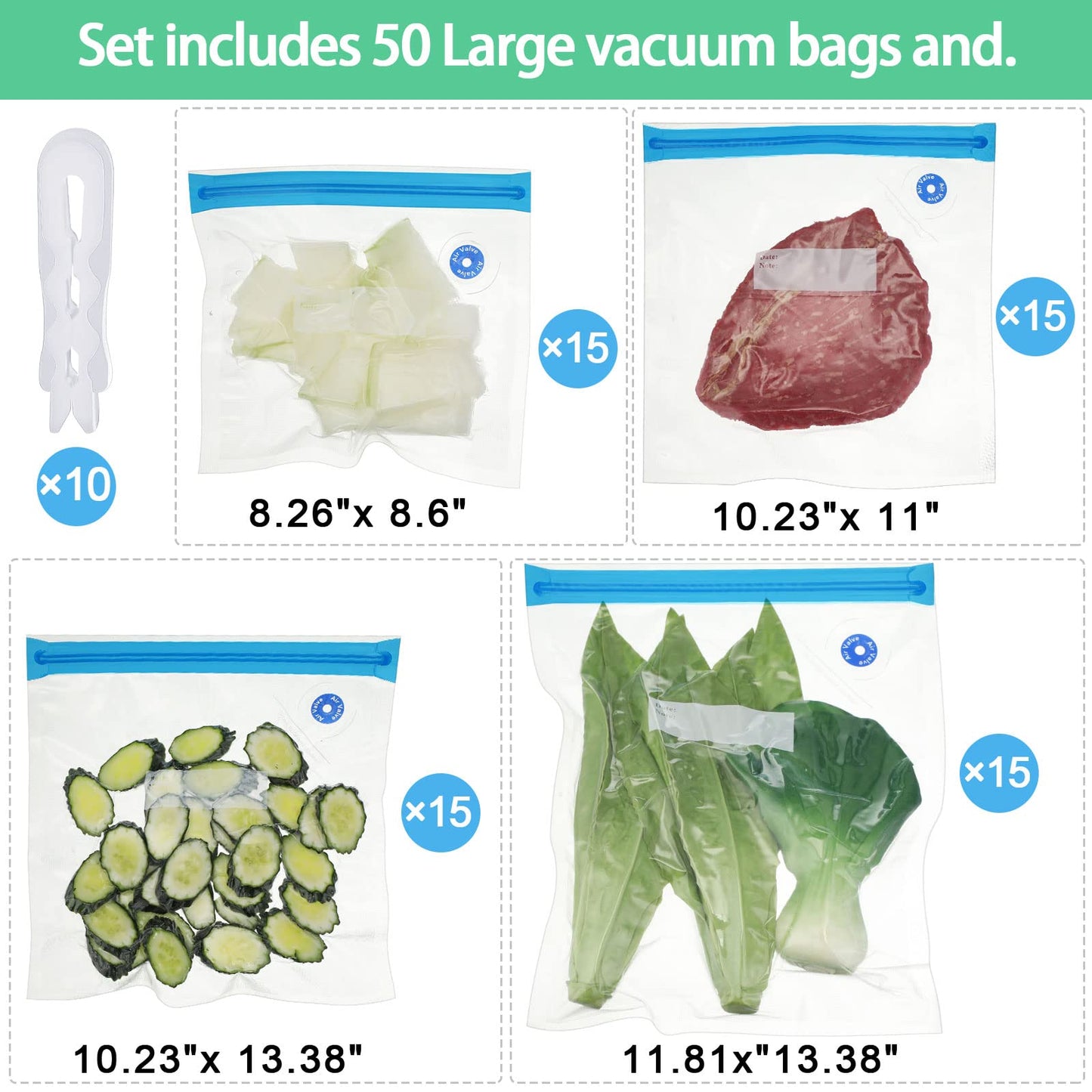 Chumia Sous Vide Bags 4 Sizes 60 Pack Reusable Vacuum Seal Bags with Air Valve Vacuum Food Storage Bag with Zipper Double Layers for Sous Vide Cooking Microwave Heating