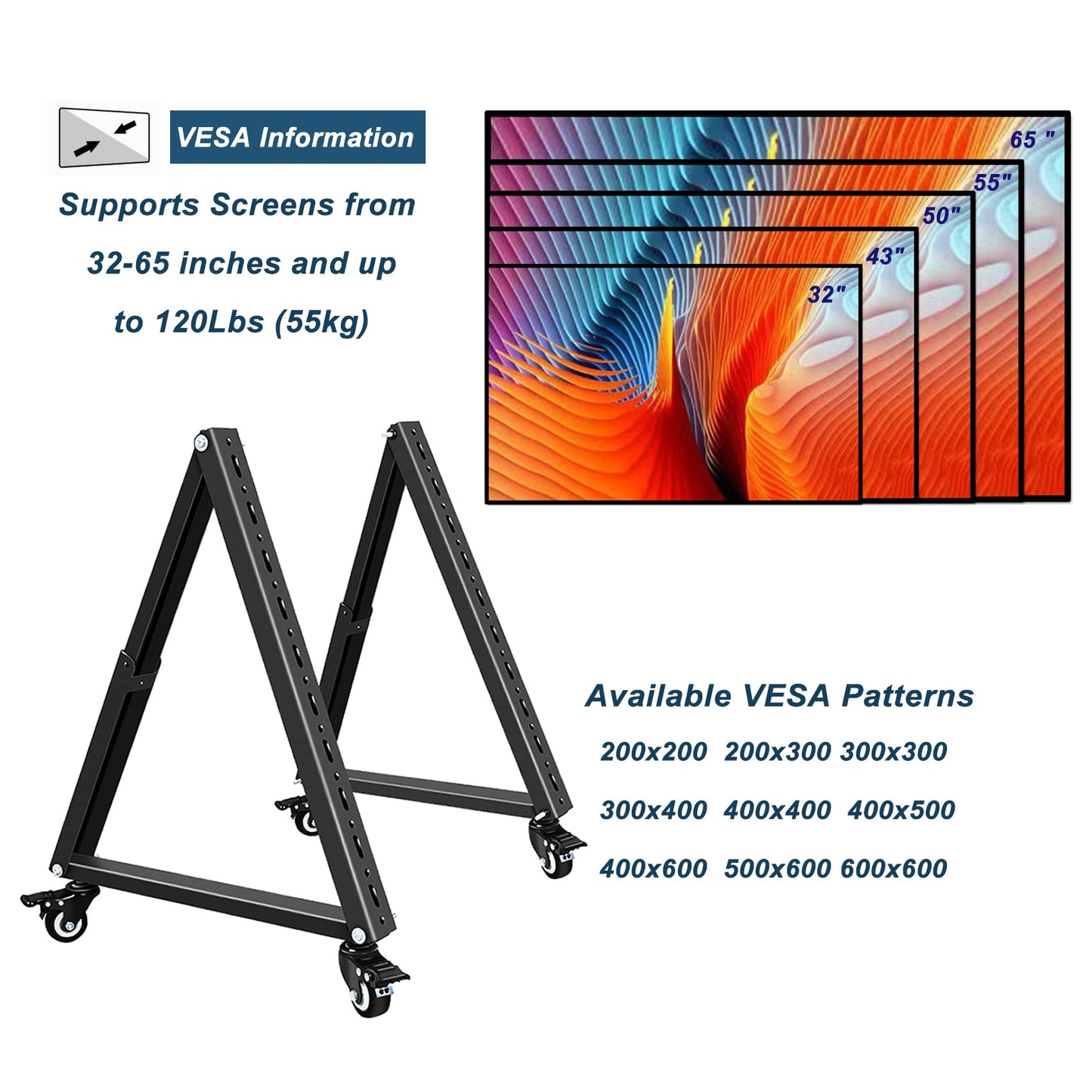 BIGalleons Low Height Mobile TV Stand, Monitor Floor Stand Cart, Rolling TV Mount with Wheel for 32-65 inch Flat Curved Screen TV, LED LCD, 30° Adjustable Viewing Angle (New Version)
