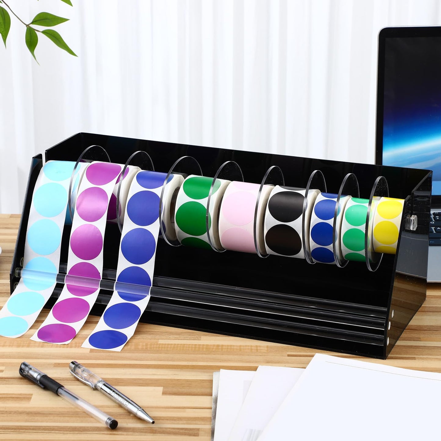 Feifeiya Adjustable Label Dispenser Acrylic Sticker Roll Dispenser Label Roll Holder Multi Use Sticker Holder Organizer Stand for School Gifts and Home Office Desktop(9 Disks)