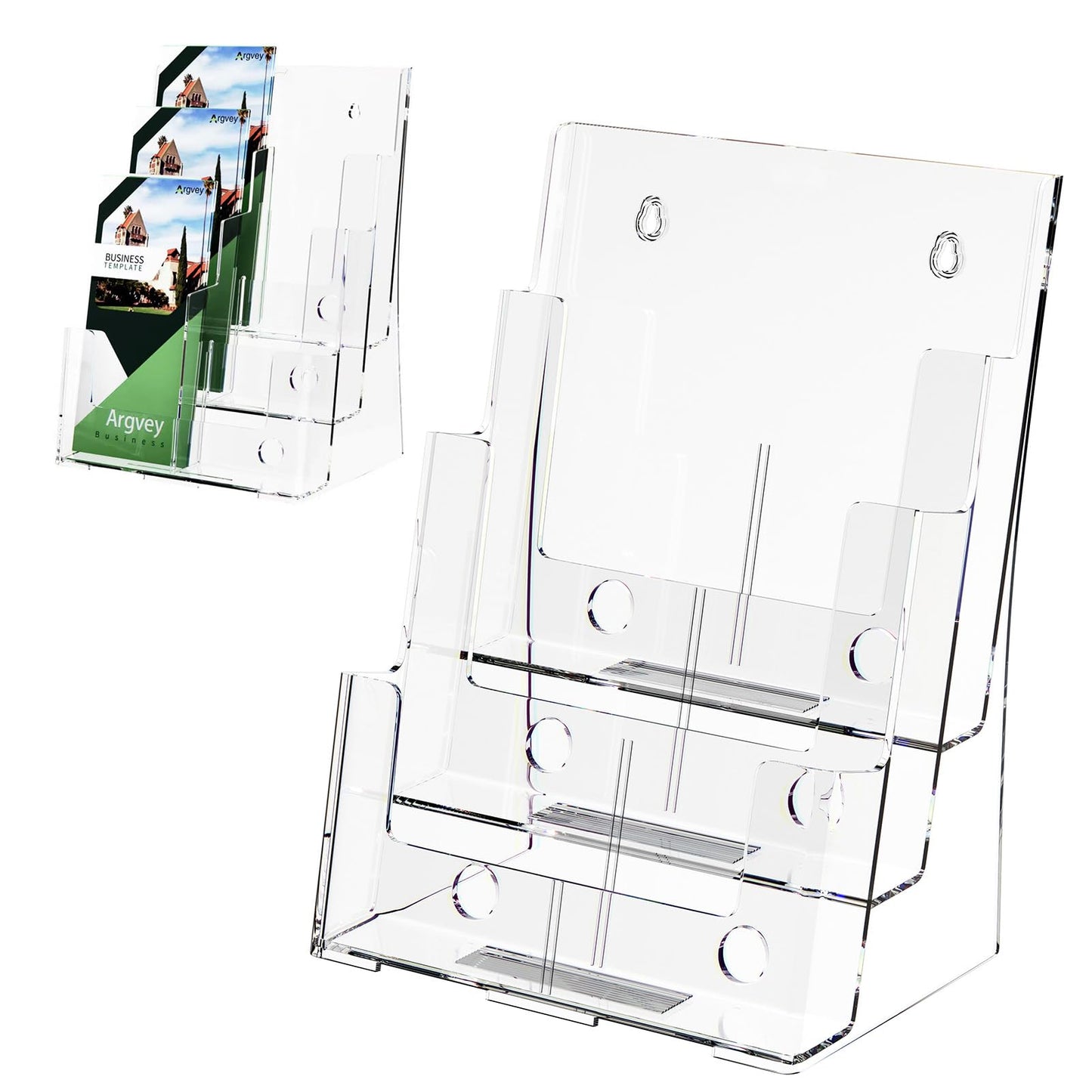 2 Pack Acrylic Brochure Holder 8.5 x 11 inches, 3 Tier Clear Brochure Display Stand with Removable Divider for Trifold 4 Inches Wide Pamphlet, Plastic Flyer Holder for Magazine, Literature, Booklet