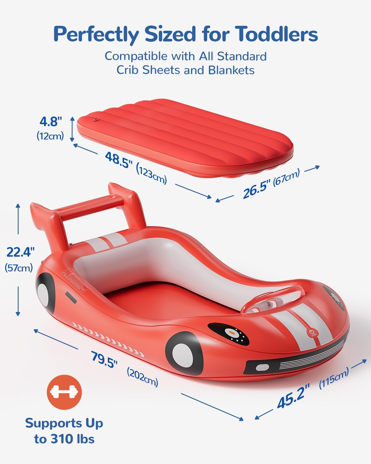 QPAU Blow up Inflatable Toddler Travel Bed with Sides, Toddler Air Mattress for Camping, Traveling, Hotel, or Home Use, Hand Pump Included