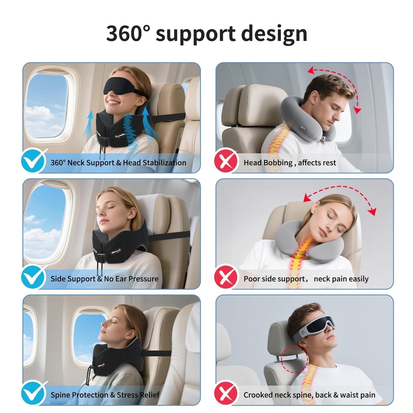 Doosmile Patented Head-Bobble-preventing Ergonomic 360° Supporting Golden Formula Memory Foam Travel Neck Pillow w/3D Contoured Eye Mask Set Long Trip Sleeping Essentials for Airplane Flight Car Bus