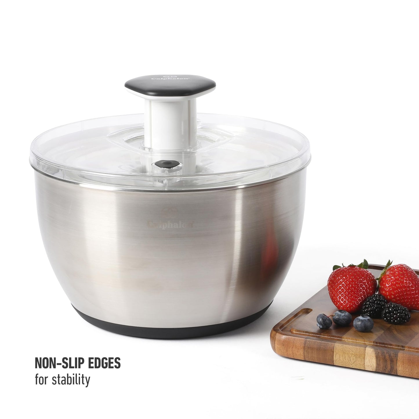 Calphalon Aero 6.3-Qt Stainless Steel Salad Spinner, Fruit & Vegetable Washer Bowl with Strainer Basket for Washing Lettuce, Spinach, Herbs & Fresh Produce