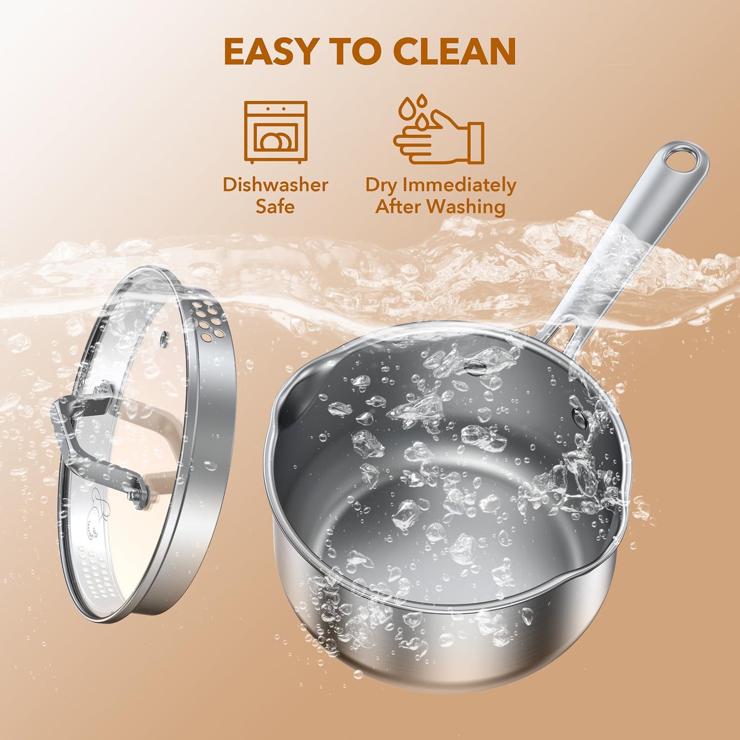 PekGema Stainless Steel Saucepan 3 Quart with Glass Strainer Lid, Tri-Ply Construction, Dual Pour Spouts, Measurement Marks, Stay-Cool Handle, Dishwasher & Oven Safe, All Cooktops Compatible