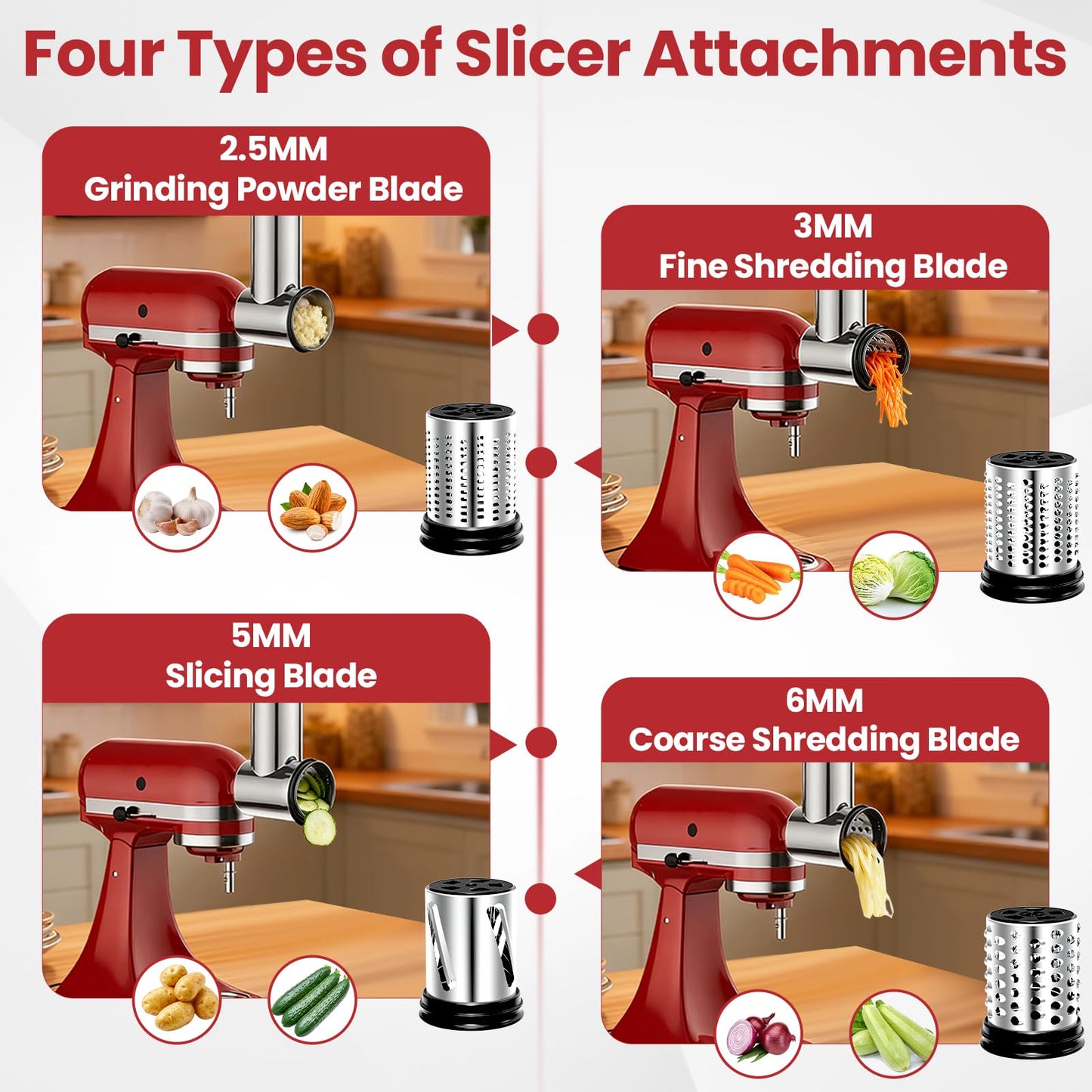 Stainless Steel Slicer Shredder Attachment for KitchenAid Stand Mixers, Large Vegetable Slicer Cheese Grater Attachment for Kitchenaid, Salad Maker Grinding Powder with 4 Blades