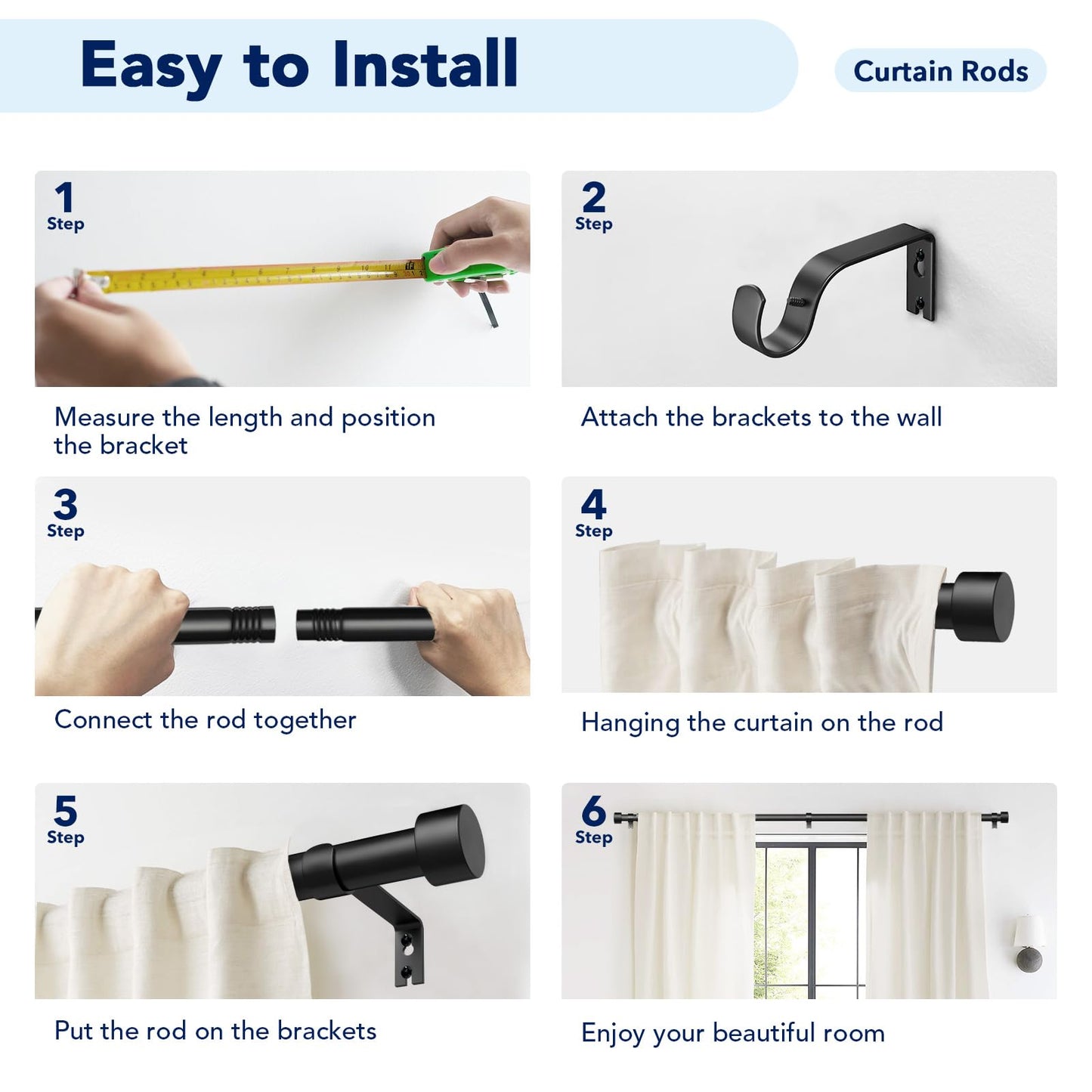 2 Pack Curtain Rods for Windows 28 to 48 Inch(2.3-4ft), 1 Inch Black Adjustable Heavy Duty Curtain Rod Set, Modern Outdoor Drapery Rods for Patio Bedroom, Size 32"- 60"