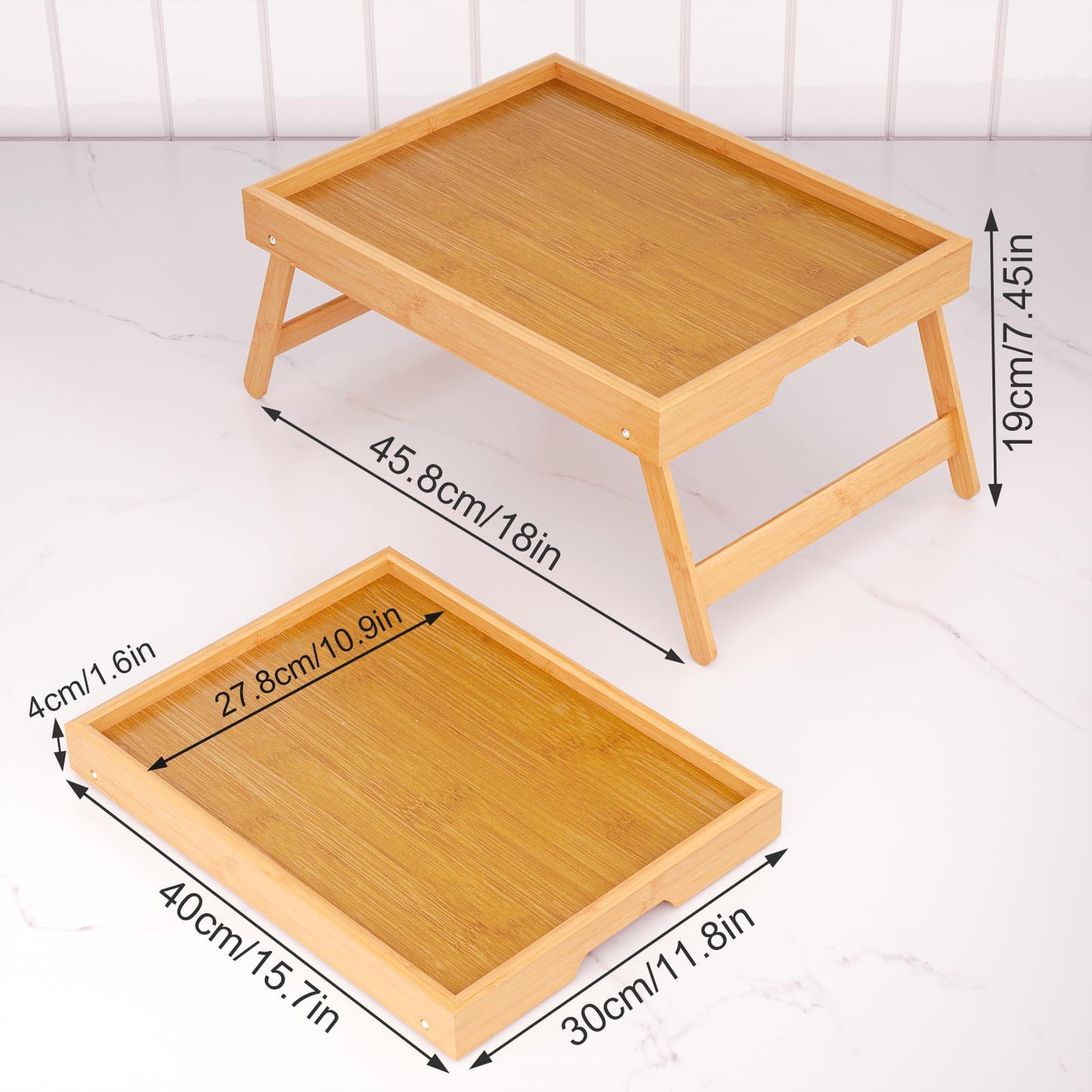 Fibogollo 4 Pack Bamboo Bed Tray Table with Folding Legs,Breakfast Trays,Serving Tray for Food and Snack,Laptop Trays for Working(Natural)
